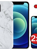 BTH BTH iPhone 12 hoesje marmer met 2x screenprotector - Wit