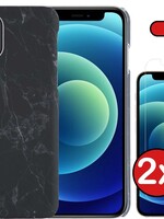 BTH BTH iPhone 12 hoesje marmer met 2x screenprotector - Zwart