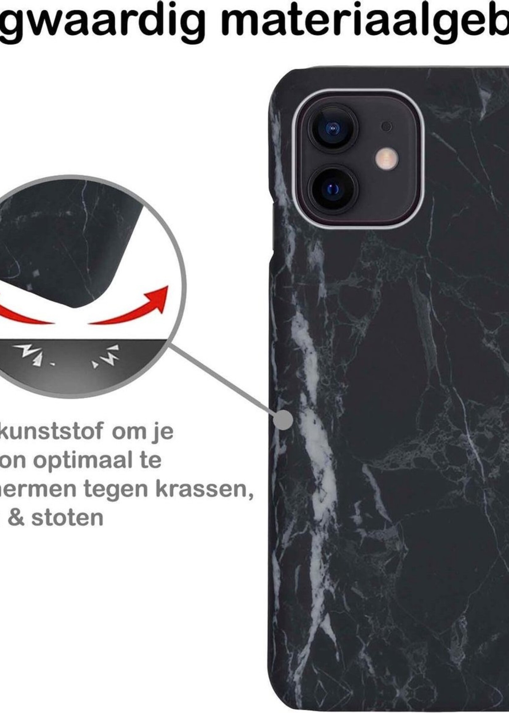 BTH Hoesje Geschikt voor iPhone 12 Hoesje Marmer Hardcover Fashion Case Hoes Met 2x Screenprotector - Hoes Geschikt voor iPhone 12 Marmer Hoesje Hardcase Back Cover - Zwart