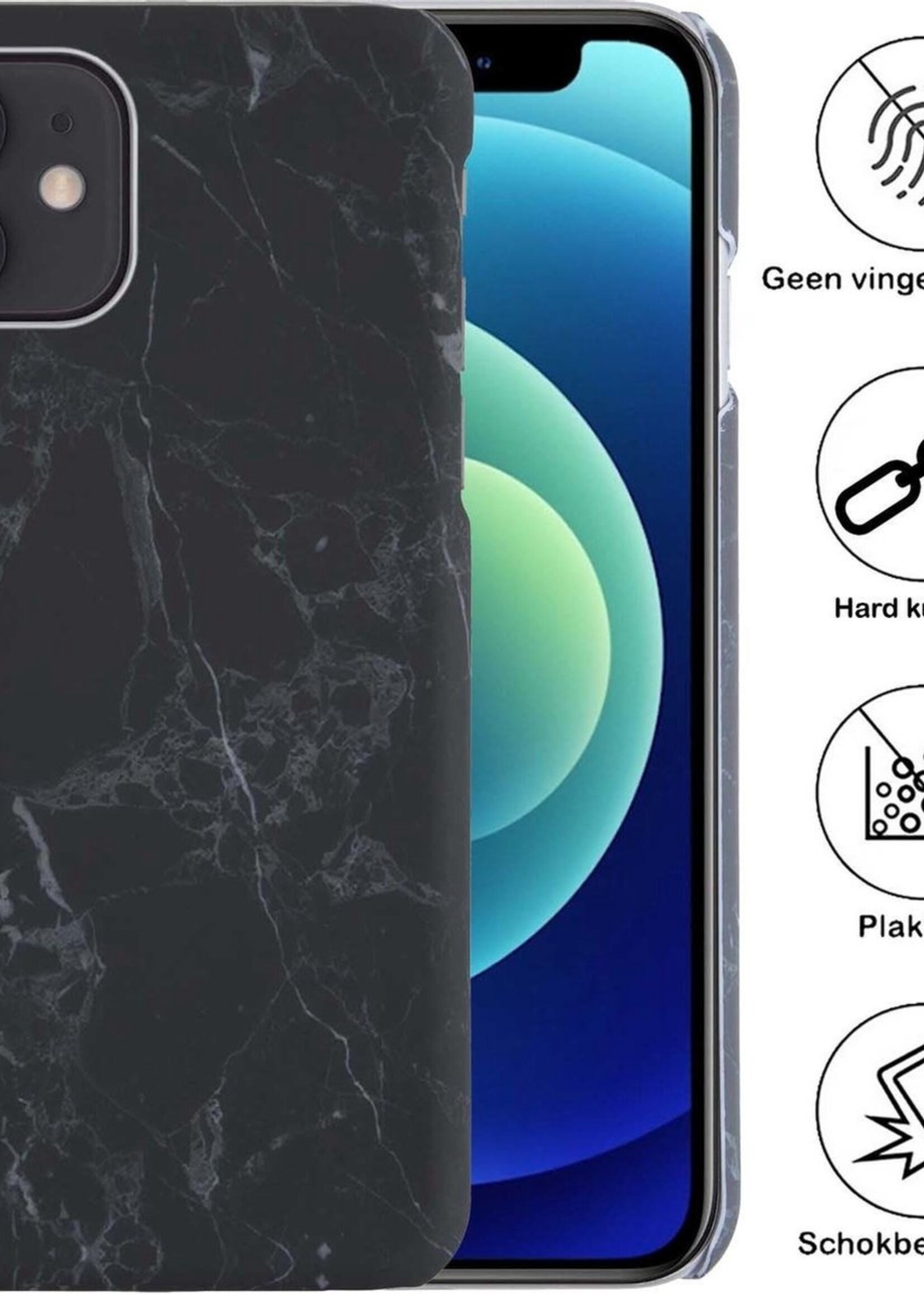 BTH Hoesje Geschikt voor iPhone 12 Hoesje Marmer Hardcover Fashion Case Hoes Met 2x Screenprotector - Hoes Geschikt voor iPhone 12 Marmer Hoesje Hardcase Back Cover - Zwart