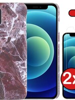 BTH BTH iPhone 12 hoesje marmer met 2x screenprotector - Rood