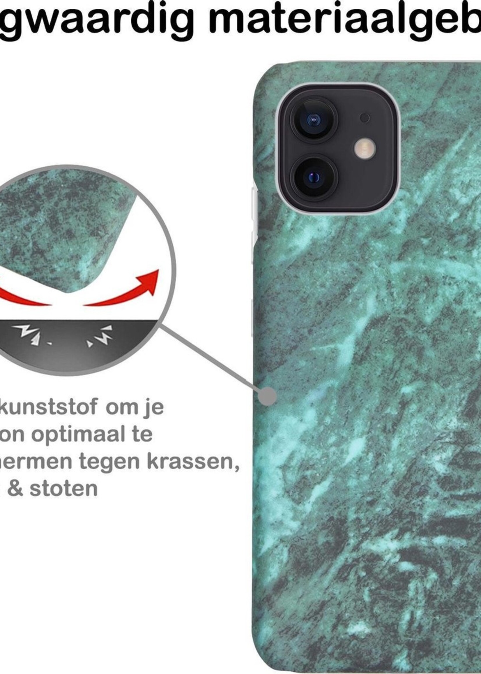 BTH Hoesje Geschikt voor iPhone 12 Hoesje Marmer Hardcover Fashion Case Hoes Met 2x Screenprotector - Hoes Geschikt voor iPhone 12 Marmer Hoesje Hardcase Back Cover - Groen
