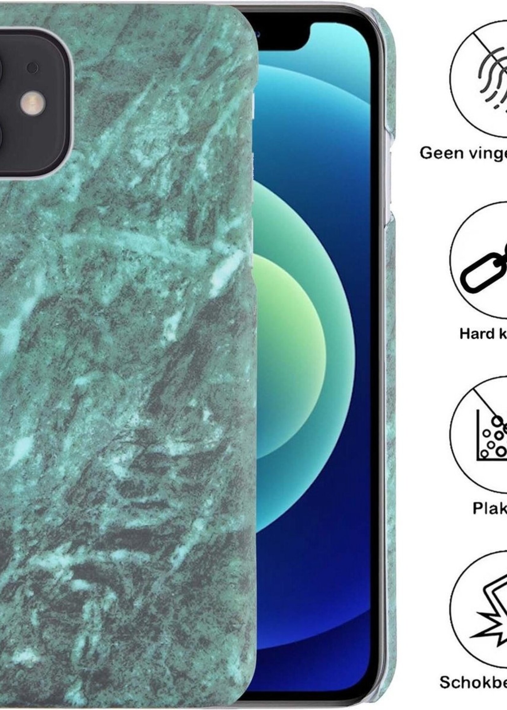 BTH Hoesje Geschikt voor iPhone 12 Hoesje Marmer Hardcover Fashion Case Hoes Met 2x Screenprotector - Hoes Geschikt voor iPhone 12 Marmer Hoesje Hardcase Back Cover - Groen