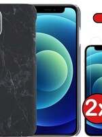 BTH BTH iPhone 12 Pro hoesje marmer met 2x screenprotector - Zwart