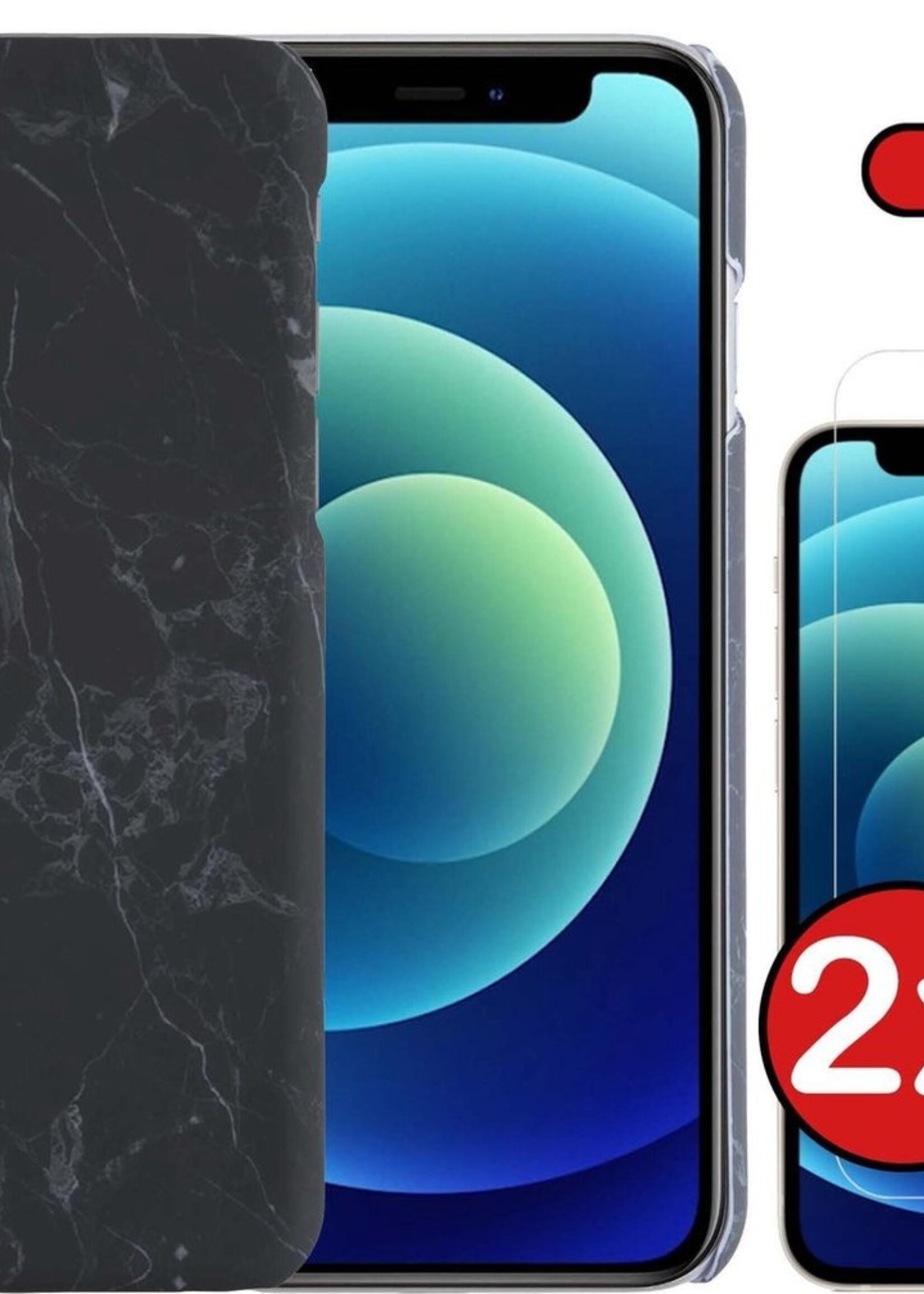 BTH Hoesje Geschikt voor iPhone 12 Pro Hoesje Marmer Hardcover Fashion Case Hoes Met 2x Screenprotector - Hoes Geschikt voor iPhone 12 Pro Marmer Hoesje Hardcase Back Cover - Zwart