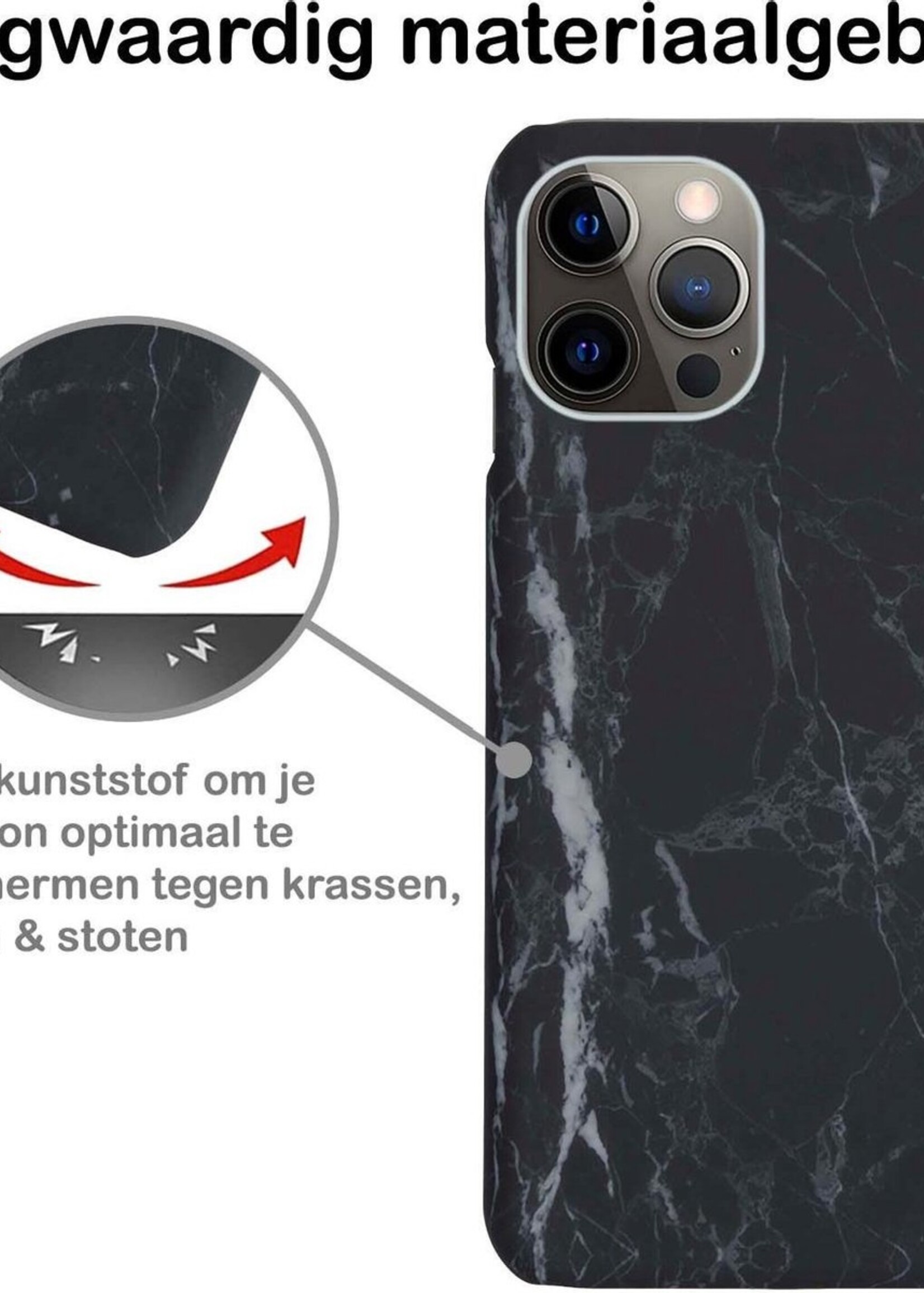 BTH Hoesje Geschikt voor iPhone 12 Pro Hoesje Marmer Hardcover Fashion Case Hoes Met 2x Screenprotector - Hoes Geschikt voor iPhone 12 Pro Marmer Hoesje Hardcase Back Cover - Zwart