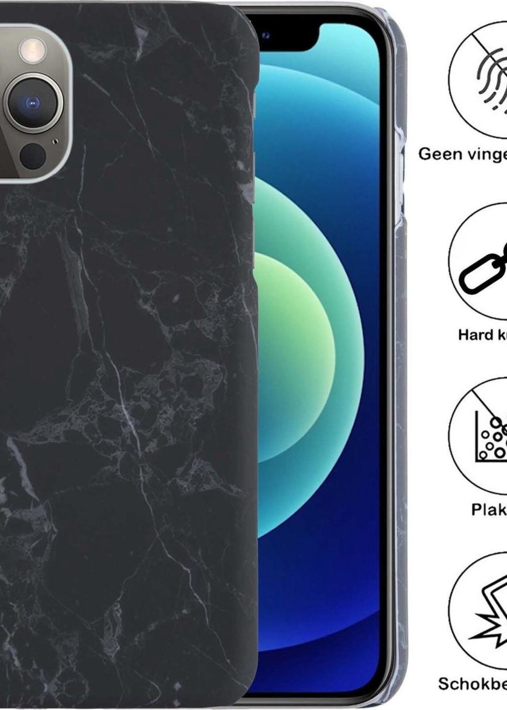 BTH Hoesje Geschikt voor iPhone 12 Pro Hoesje Marmer Hardcover Fashion Case Hoes Met 2x Screenprotector - Hoes Geschikt voor iPhone 12 Pro Marmer Hoesje Hardcase Back Cover - Zwart
