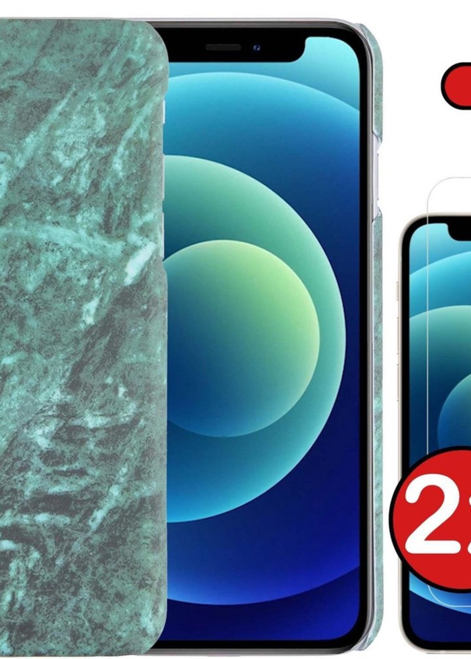 BTH Hoesje Geschikt voor iPhone 12 Pro Hoesje Marmer Hardcover Fashion Case Hoes Met 2x Screenprotector - Hoes Geschikt voor iPhone 12 Pro Marmer Hoesje Hardcase Back Cover - Groen