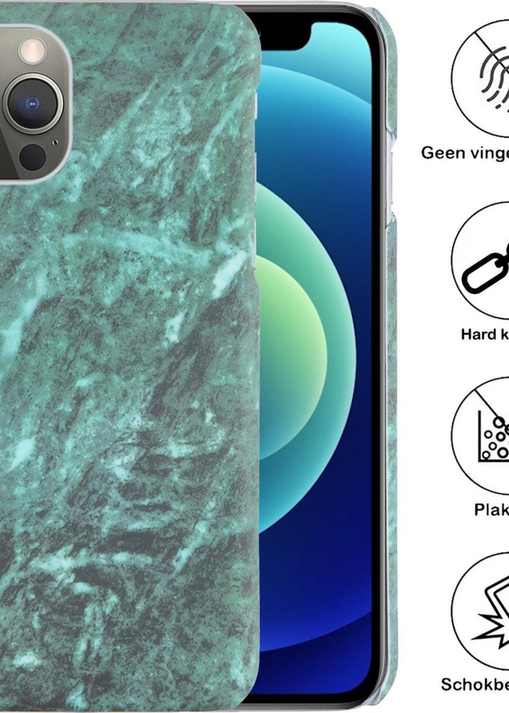 BTH Hoesje Geschikt voor iPhone 12 Pro Hoesje Marmer Hardcover Fashion Case Hoes Met 2x Screenprotector - Hoes Geschikt voor iPhone 12 Pro Marmer Hoesje Hardcase Back Cover - Groen