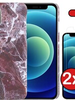 BTH BTH iPhone 12 Pro Max hoesje marmer met 2x screenprotector - Rood
