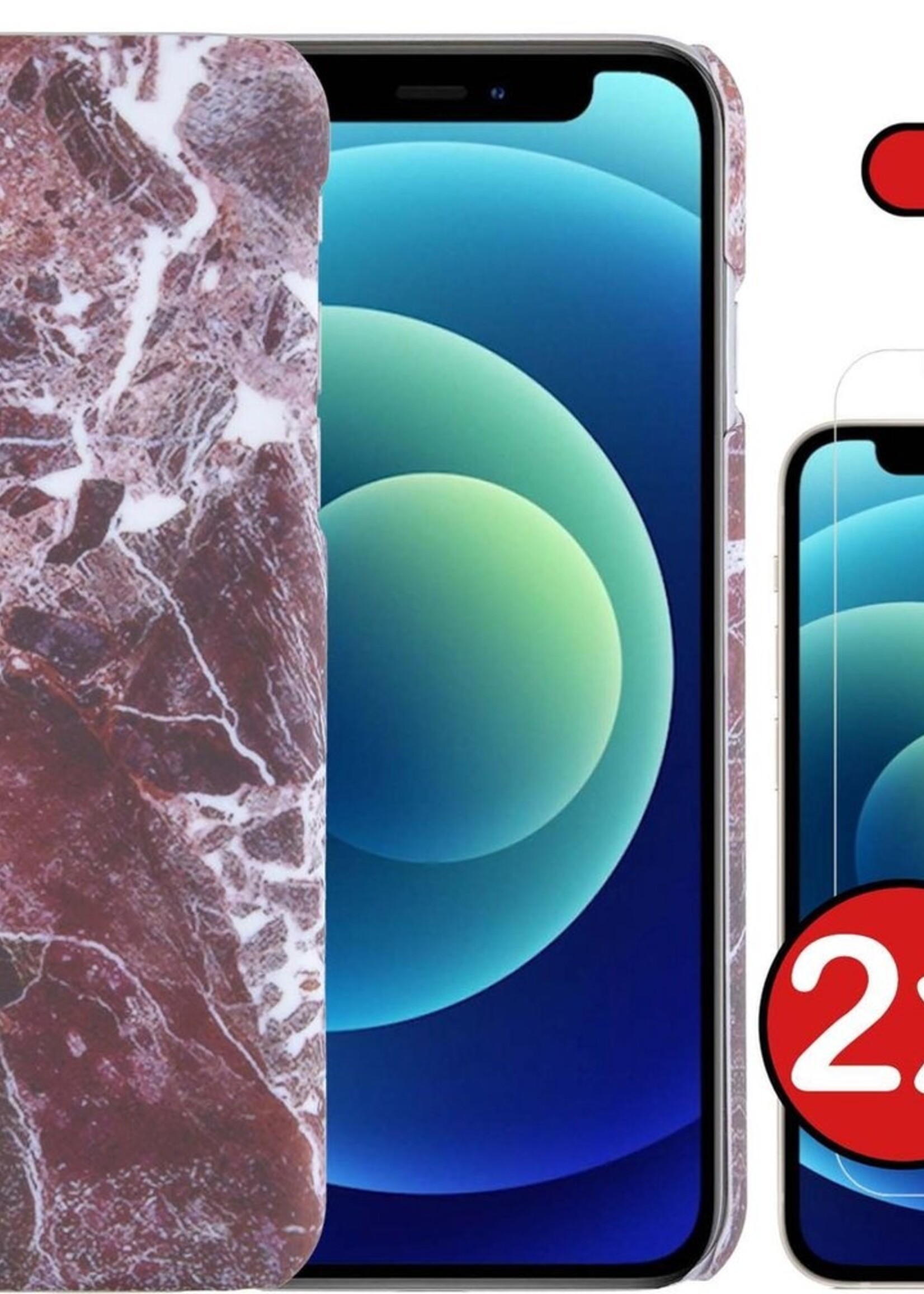 BTH Hoesje Geschikt voor iPhone 12 Pro Max Hoesje Marmer Hardcover Fashion Case Hoes Met 2x Screenprotector - Hoes Geschikt voor iPhone 12 Pro Max Marmer Hoesje Hardcase Back Cover - Rood