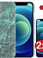 BTH BTH iPhone 12 Pro Max hoesje marmer met 2x screenprotector - Groen