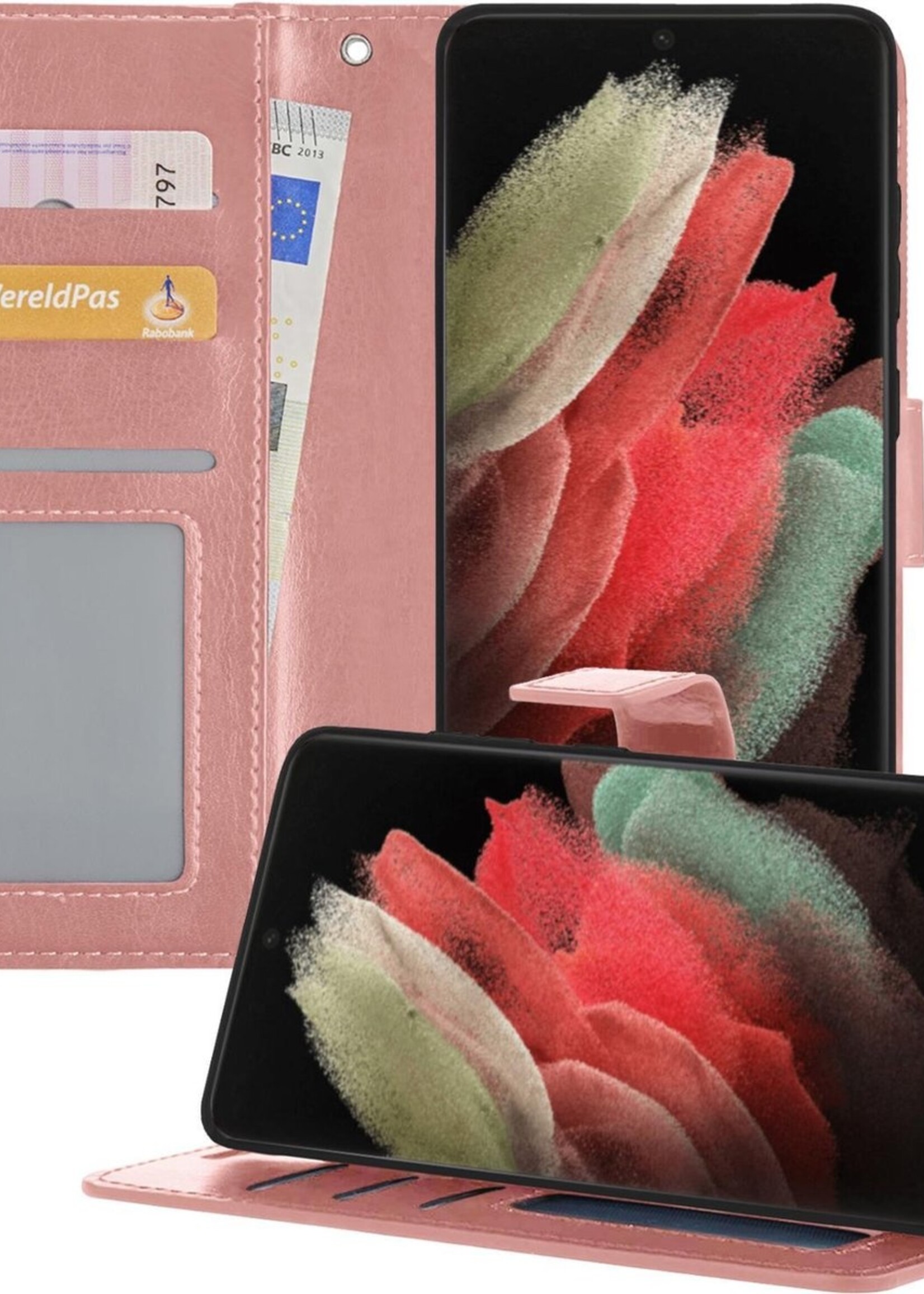 BTH Hoesje Geschikt voor Samsung S21 Ultra Hoesje Book Case Hoes Portemonnee Cover Walletcase - Hoes Geschikt voor Samsung Galaxy S21 Ultra Hoes Bookcase Hoesje - Rosé goud