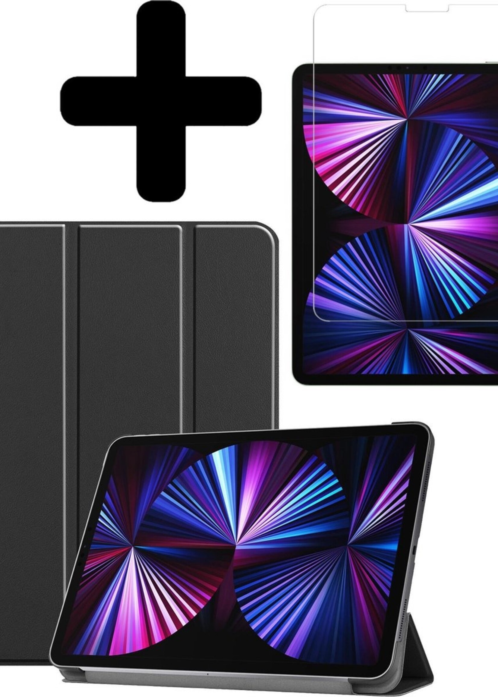 BTH Hoes Geschikt voor iPad Pro 2021 (11 inch) Hoes Book Case Hoesje Trifold Cover Met Screenprotector - Hoesje Geschikt voor iPad Pro 11 inch (2021) Hoesje Bookcase - Zwart