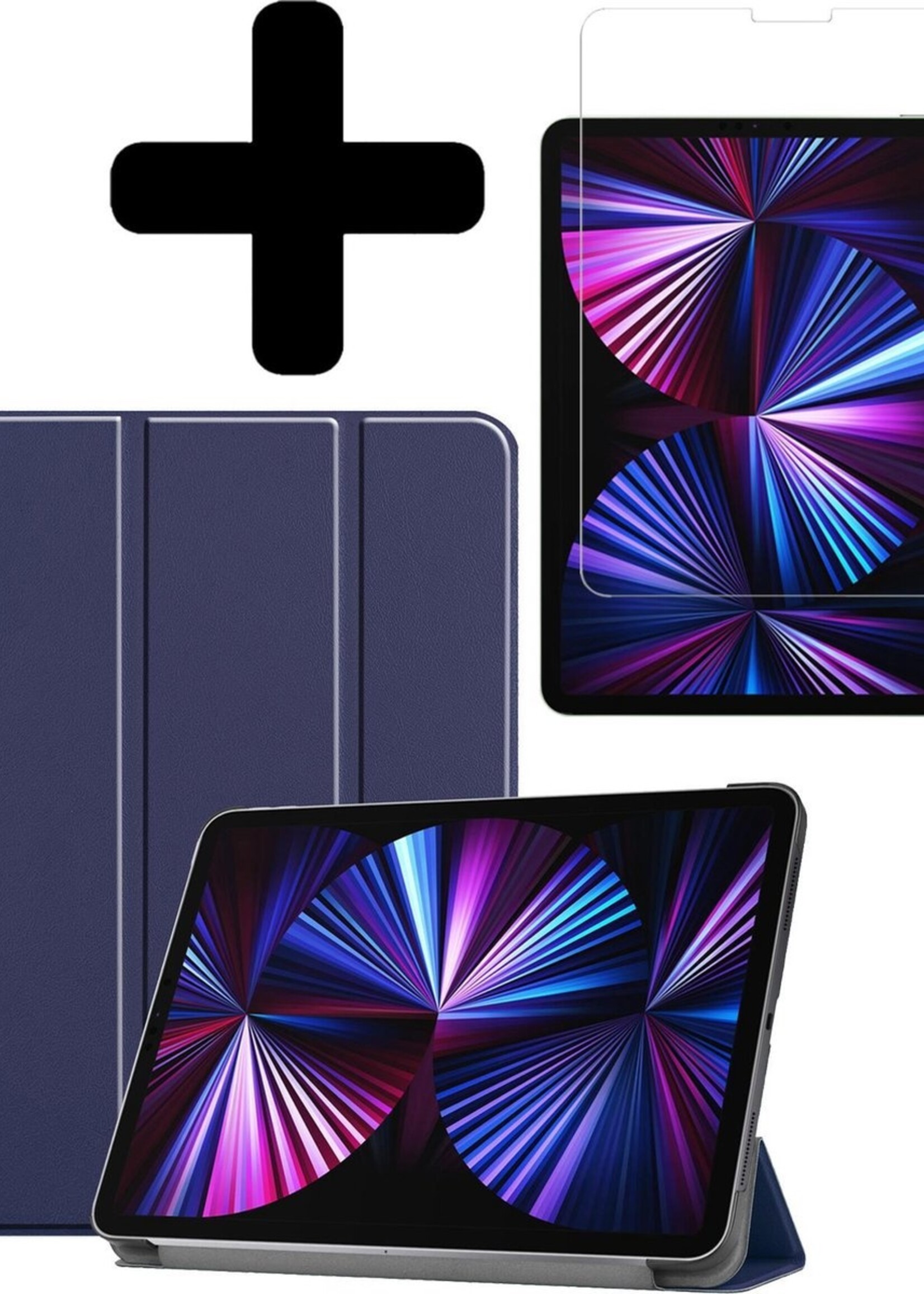 BTH Hoes Geschikt voor iPad Pro 2021 (11 inch) Hoes Book Case Hoesje Trifold Cover Met Screenprotector - Hoesje Geschikt voor iPad Pro 11 inch (2021) Hoesje Bookcase - Donkerblauw
