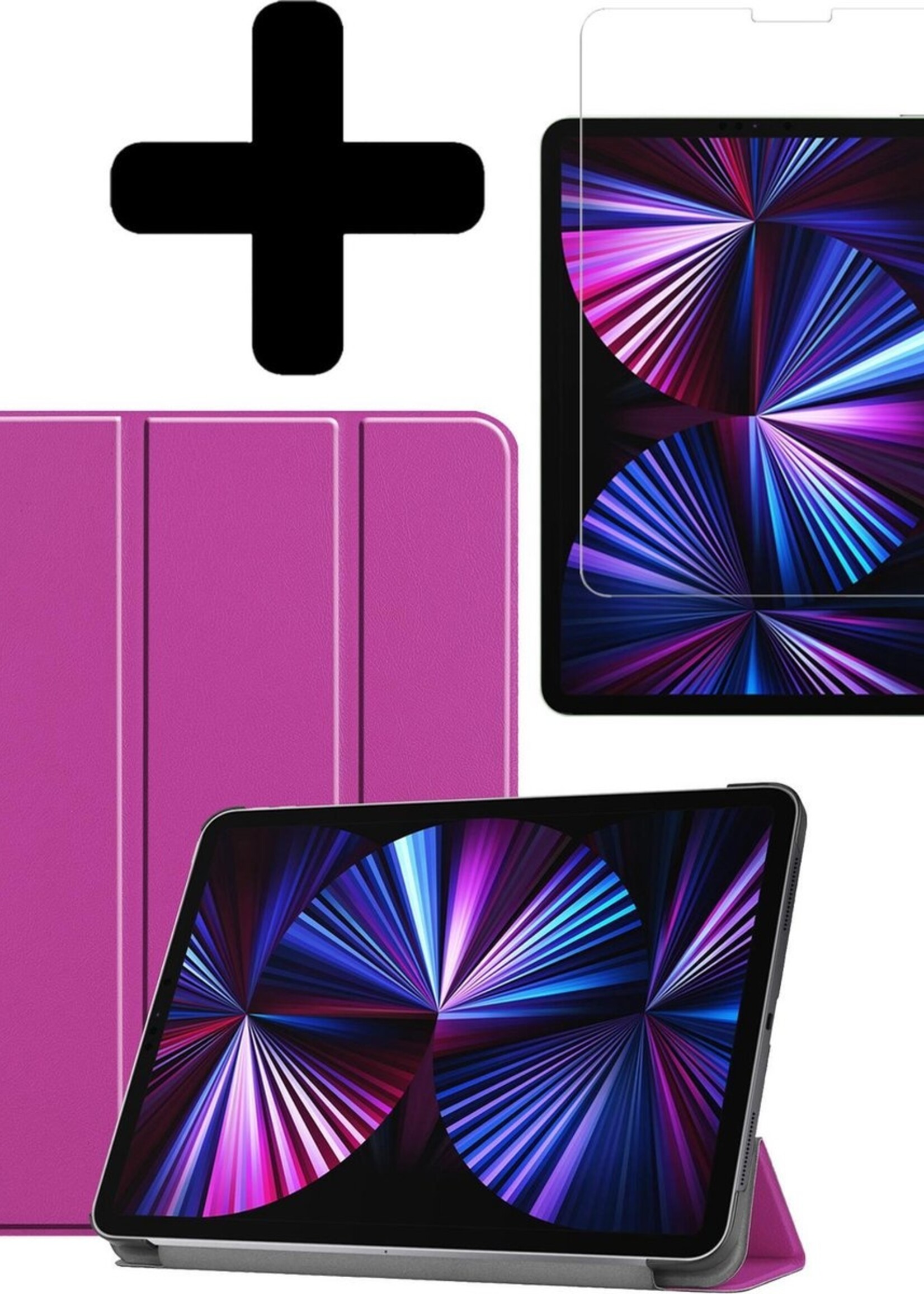 BTH Hoes Geschikt voor iPad Pro 2021 (11 inch) Hoes Book Case Hoesje Trifold Cover Met Screenprotector - Hoesje Geschikt voor iPad Pro 11 inch (2021) Hoesje Bookcase - Paars