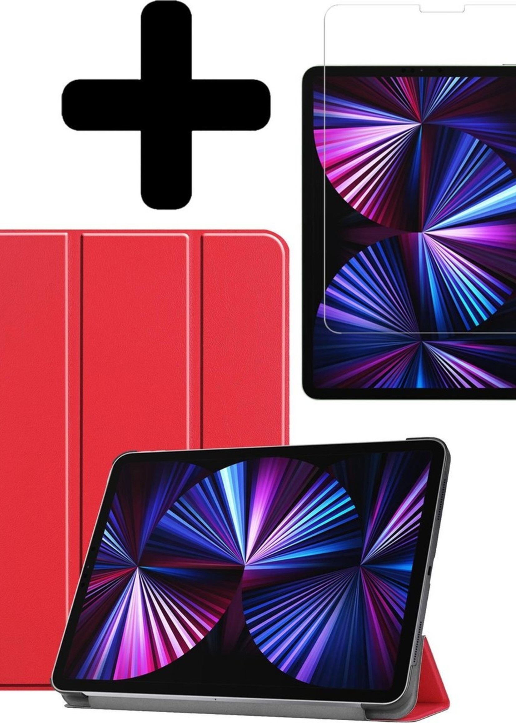 BTH Hoes Geschikt voor iPad Pro 2021 (11 inch) Hoes Book Case Hoesje Trifold Cover Met Screenprotector - Hoesje Geschikt voor iPad Pro 11 inch (2021) Hoesje Bookcase - Rood