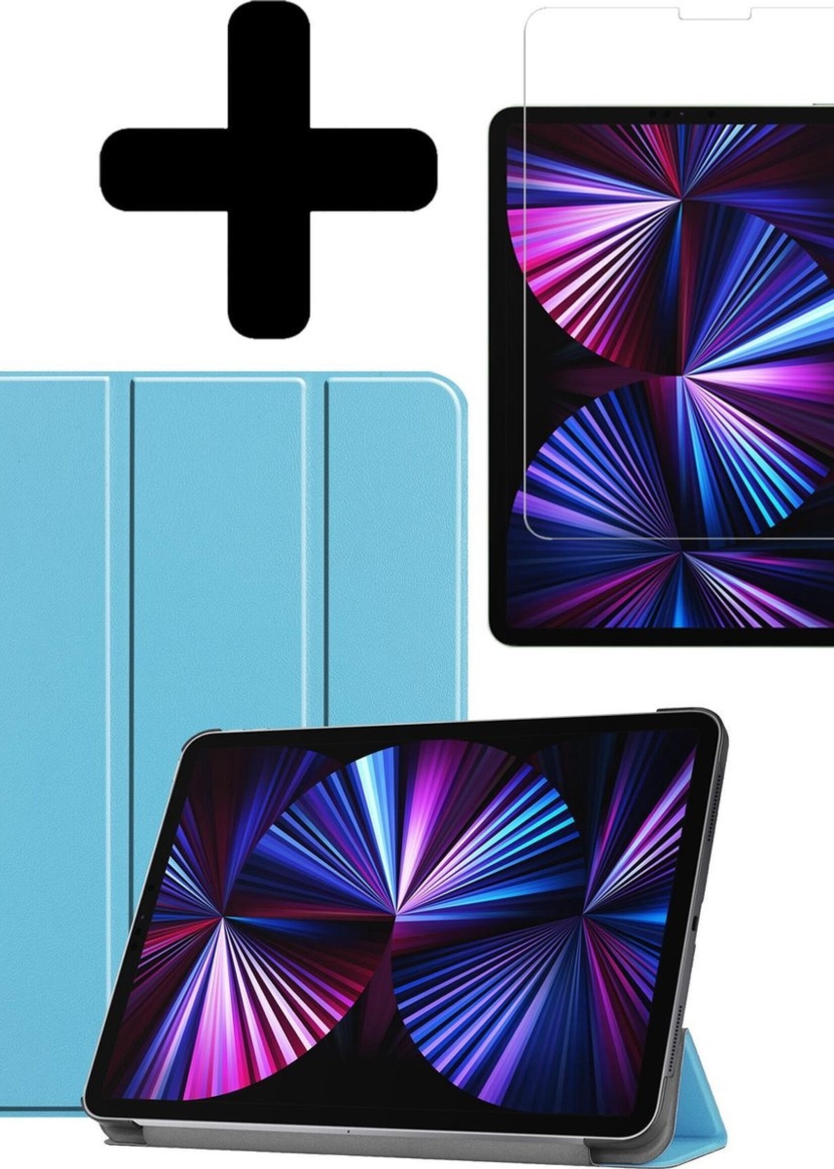 BTH Hoes Geschikt voor iPad Pro 2021 (11 inch) Hoes Book Case Hoesje Trifold Cover Met Screenprotector - Hoesje Geschikt voor iPad Pro 11 inch (2021) Hoesje Bookcase - Lichtblauw