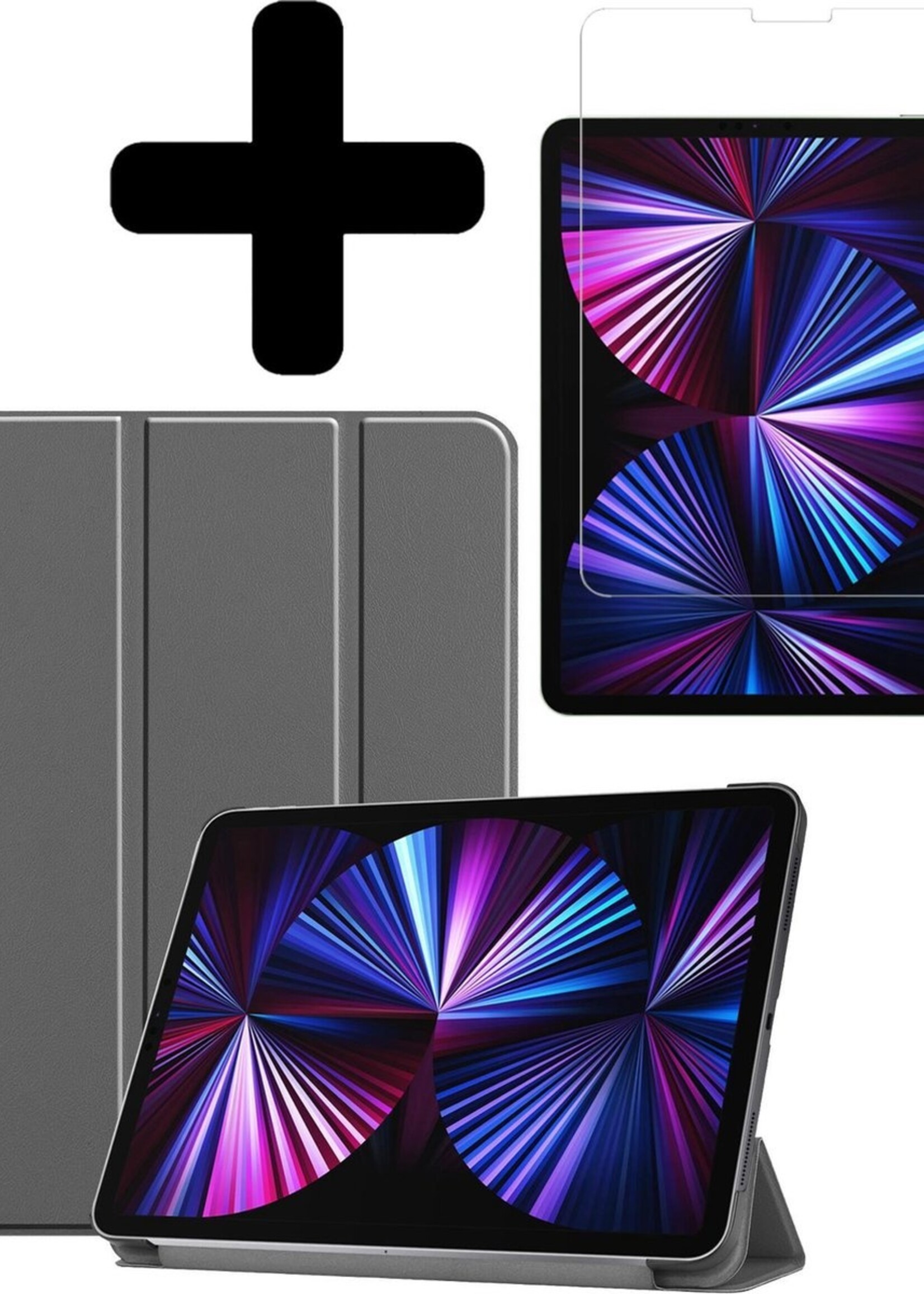 BTH Hoes Geschikt voor iPad Pro 2021 (11 inch) Hoes Book Case Hoesje Trifold Cover Met Screenprotector - Hoesje Geschikt voor iPad Pro 11 inch (2021) Hoesje Bookcase - Grijs