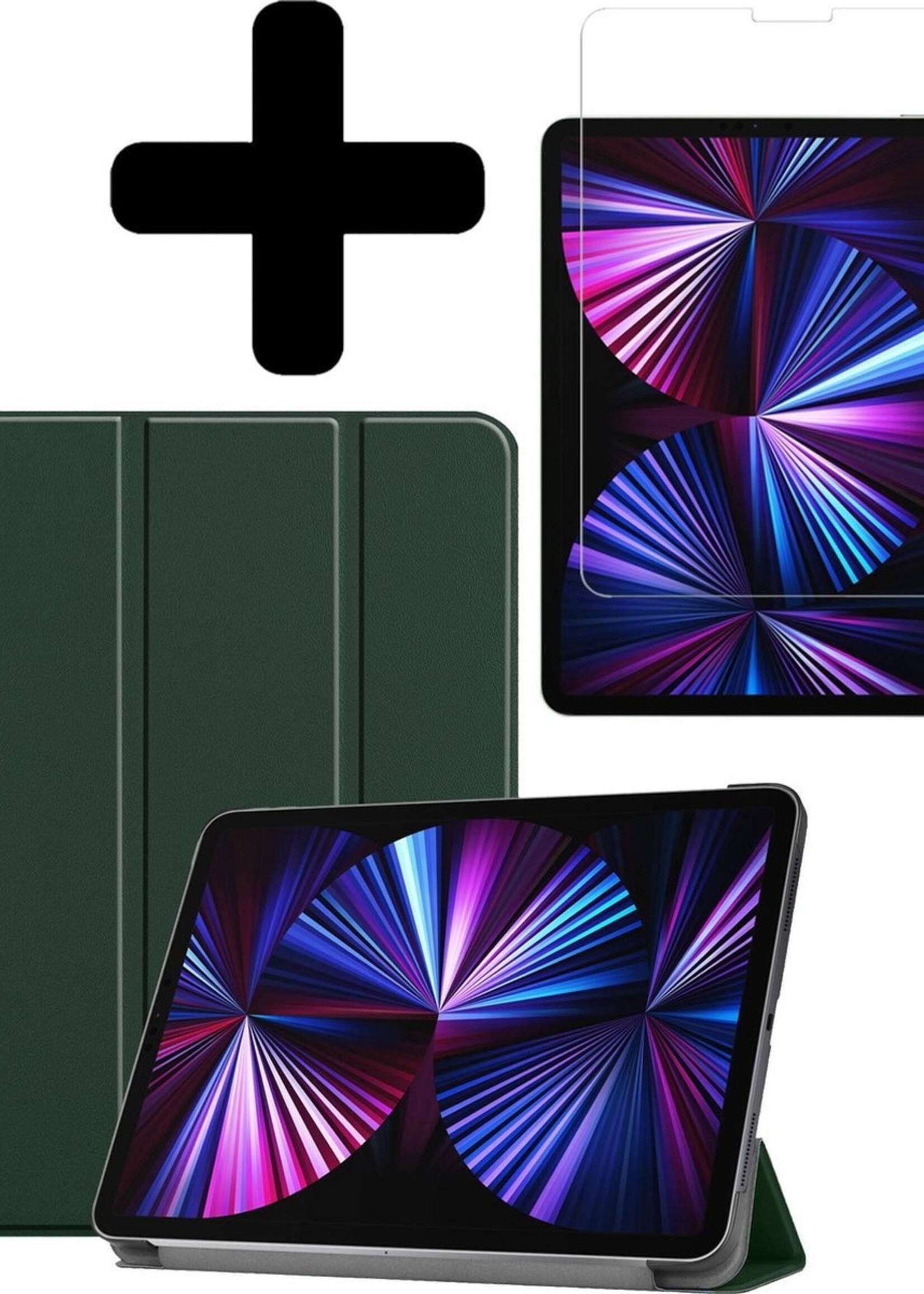 BTH Hoes Geschikt voor iPad Pro 2021 (11 inch) Hoes Book Case Hoesje Trifold Cover Met Screenprotector - Hoesje Geschikt voor iPad Pro 11 inch (2021) Hoesje Bookcase - Donkergroen