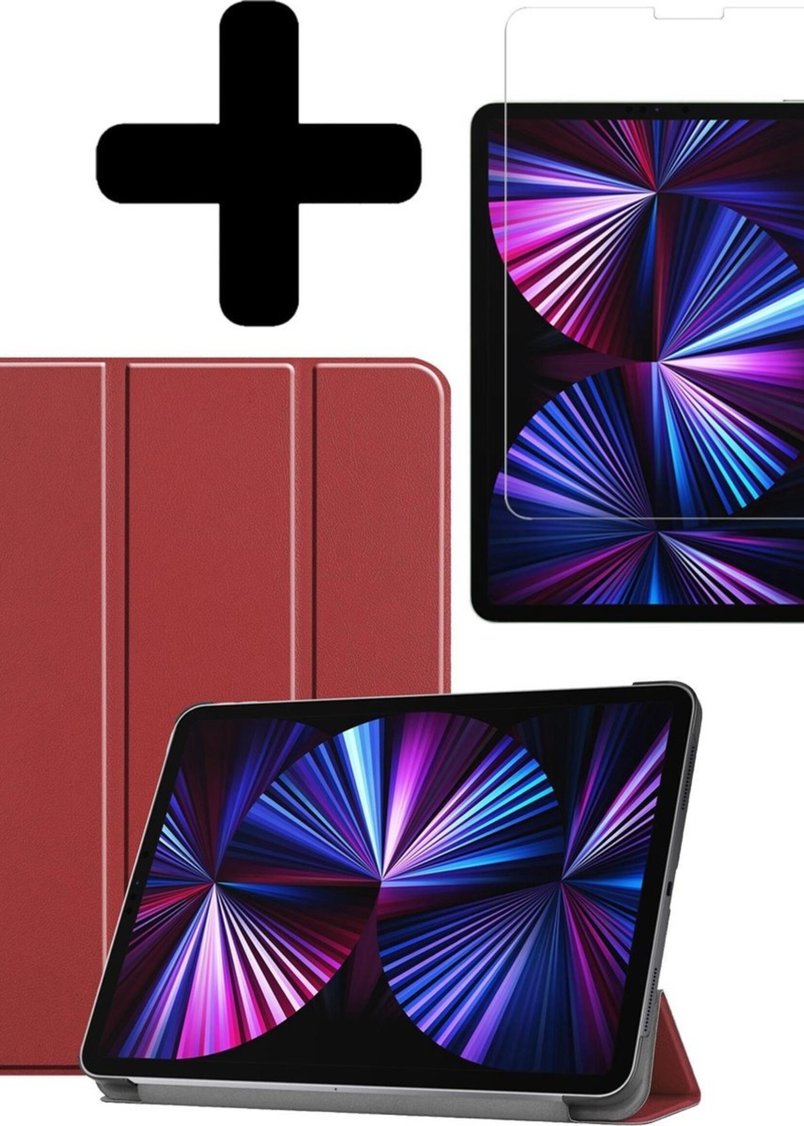 BTH Hoes Geschikt voor iPad Pro 2021 (11 inch) Hoes Book Case Hoesje Trifold Cover Met Screenprotector - Hoesje Geschikt voor iPad Pro 11 inch (2021) Hoesje Bookcase - Donkerrood