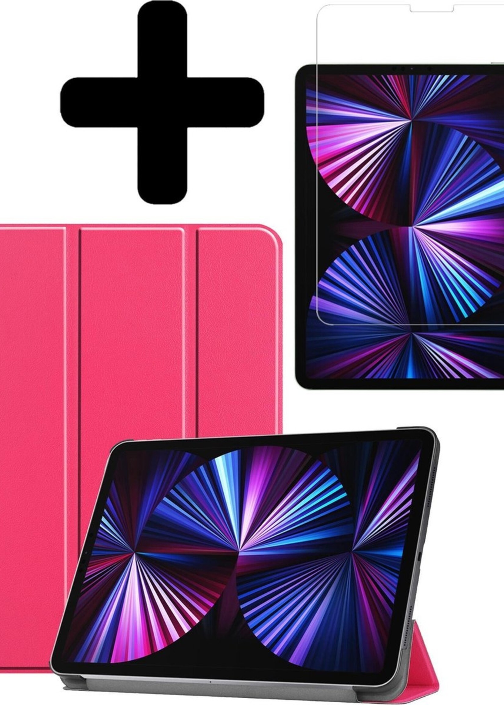 BTH Hoes Geschikt voor iPad Pro 2021 (11 inch) Hoes Book Case Hoesje Trifold Cover Met Screenprotector - Hoesje Geschikt voor iPad Pro 11 inch (2021) Hoesje Bookcase - Donkerroze