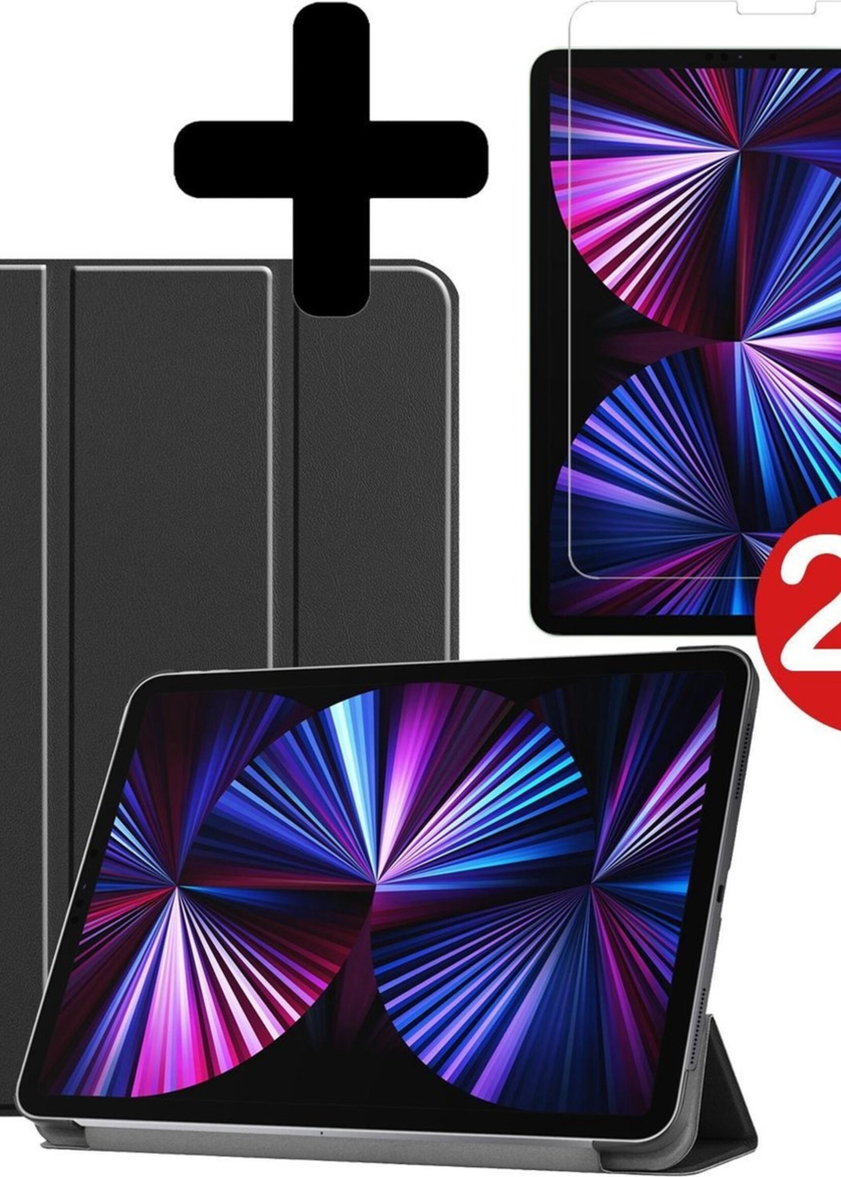 BTH Hoes Geschikt voor iPad Pro 2021 (11 inch) Hoes Book Case Hoesje Trifold Cover Met Screenprotector - Hoesje Geschikt voor iPad Pro 11 inch (2021) Hoesje Bookcase - Zwart