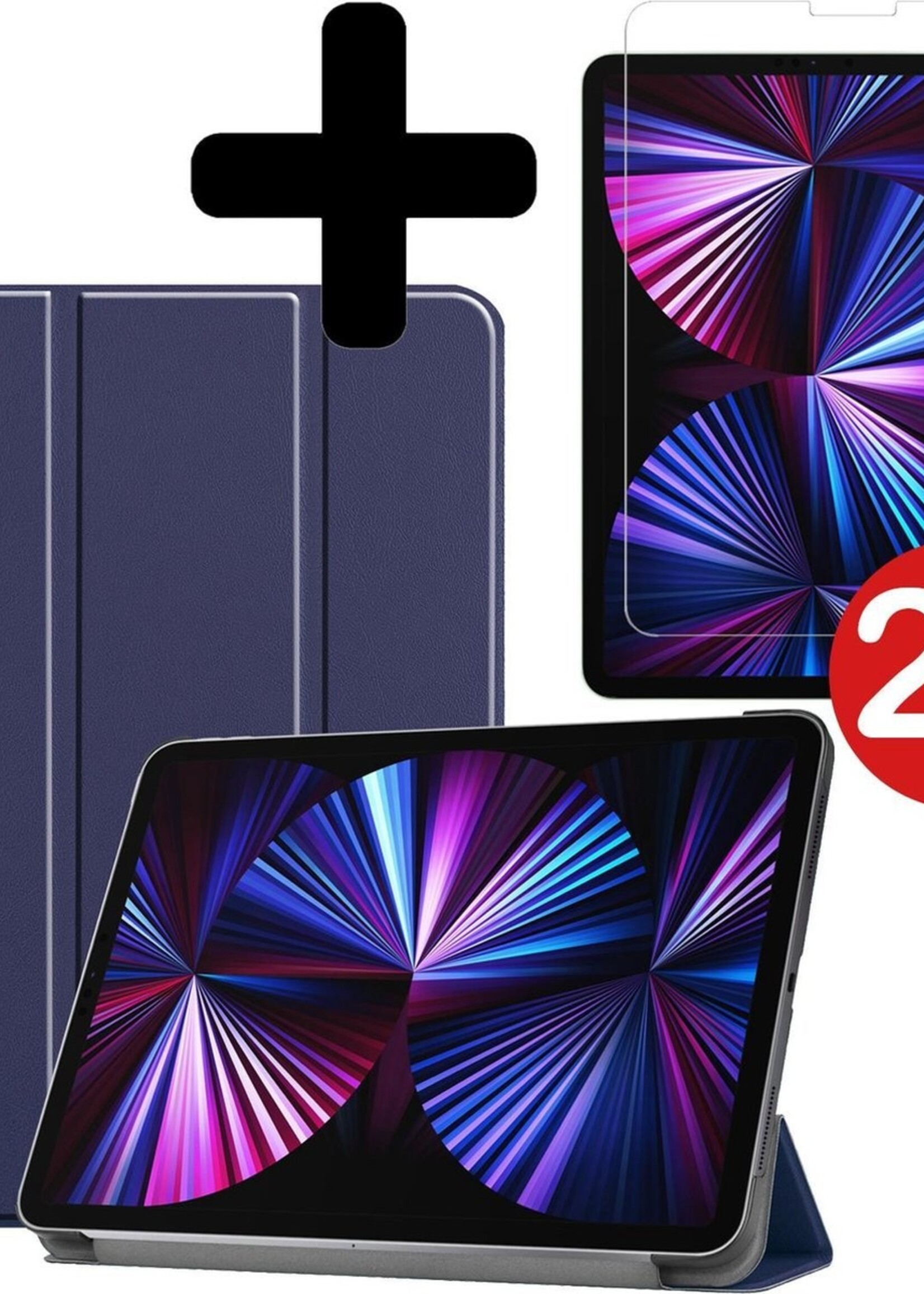 BTH Hoes Geschikt voor iPad Pro 2021 (11 inch) Hoes Book Case Hoesje Trifold Cover Met Screenprotector - Hoesje Geschikt voor iPad Pro 11 inch (2021) Hoesje Bookcase - Donkerblauw