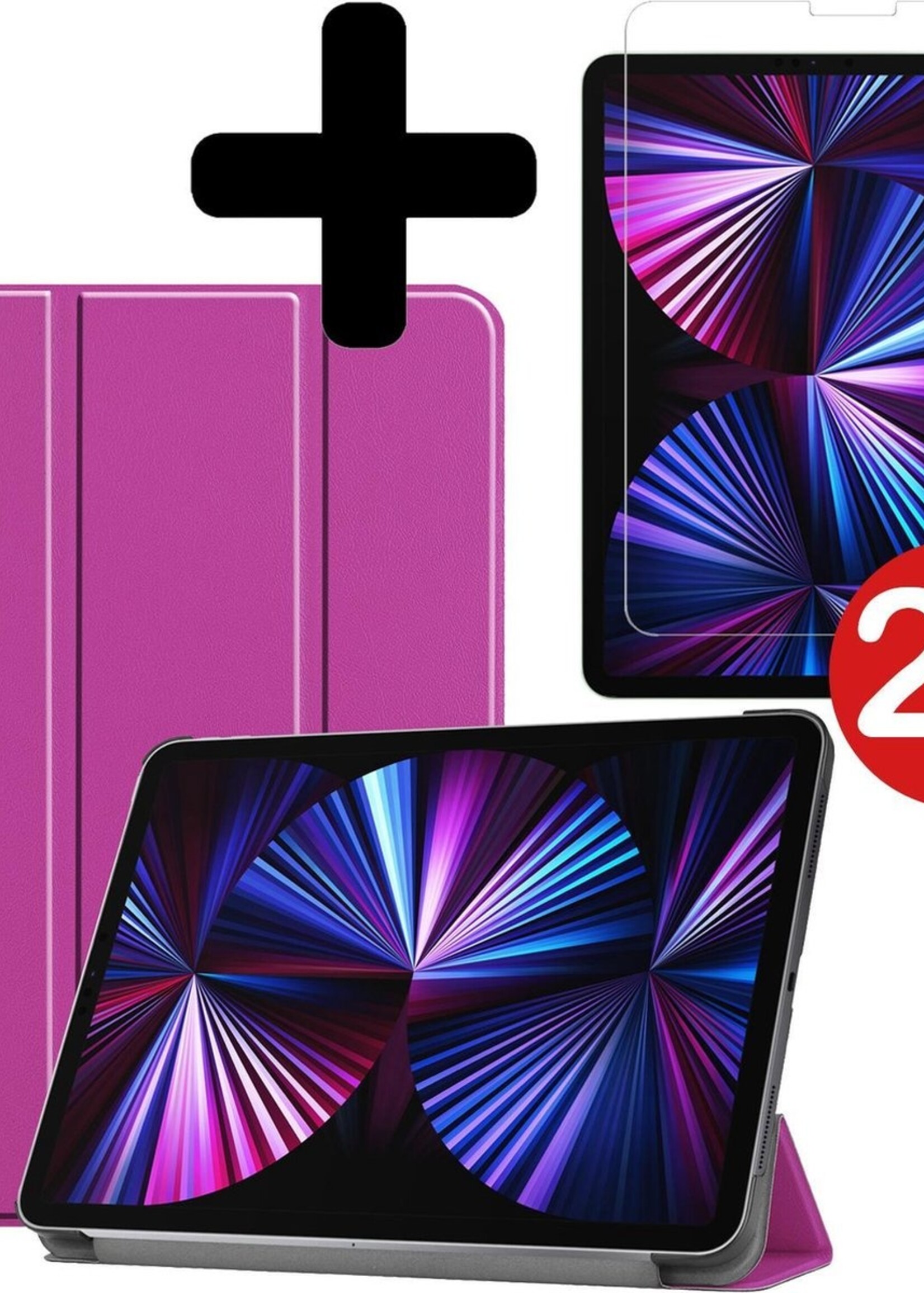 BTH Hoes Geschikt voor iPad Pro 2021 (11 inch) Hoes Book Case Hoesje Trifold Cover Met Screenprotector - Hoesje Geschikt voor iPad Pro 11 inch (2021) Hoesje Bookcase - Paars