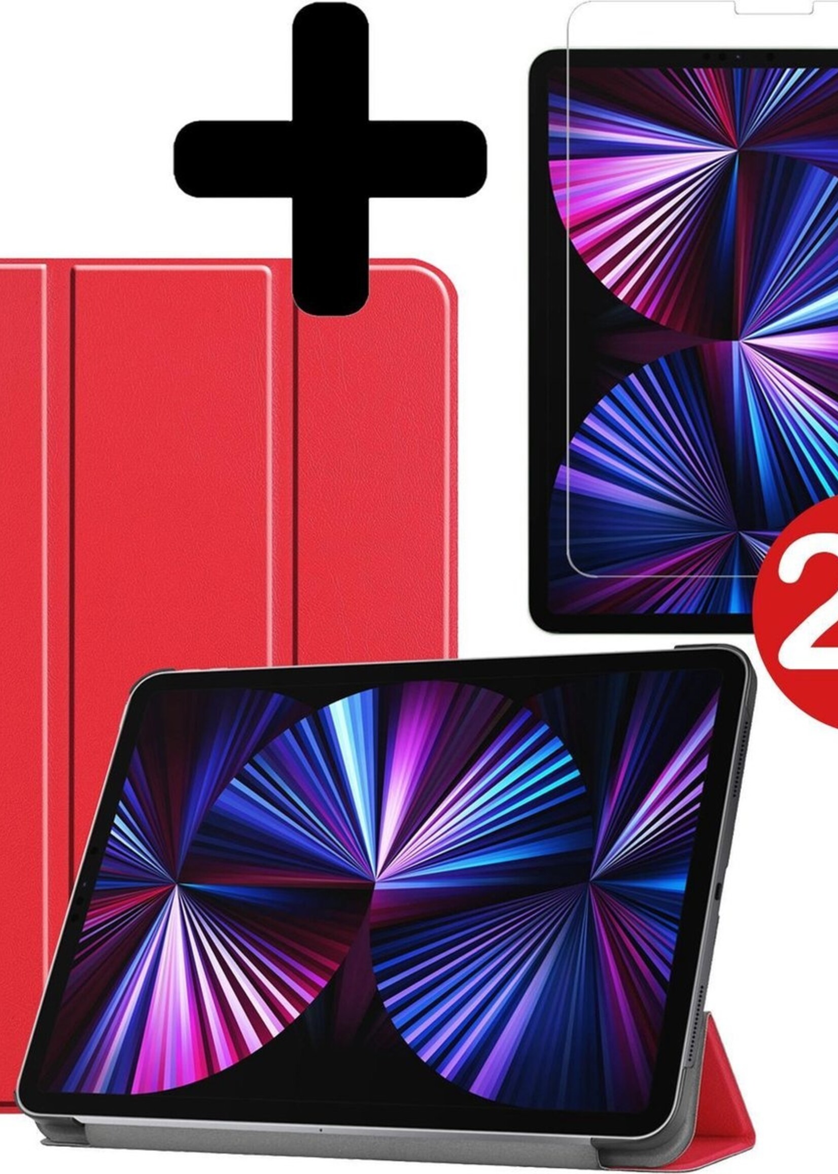 BTH Hoes Geschikt voor iPad Pro 2021 (11 inch) Hoes Book Case Hoesje Trifold Cover Met Screenprotector - Hoesje Geschikt voor iPad Pro 11 inch (2021) Hoesje Bookcase - Rood