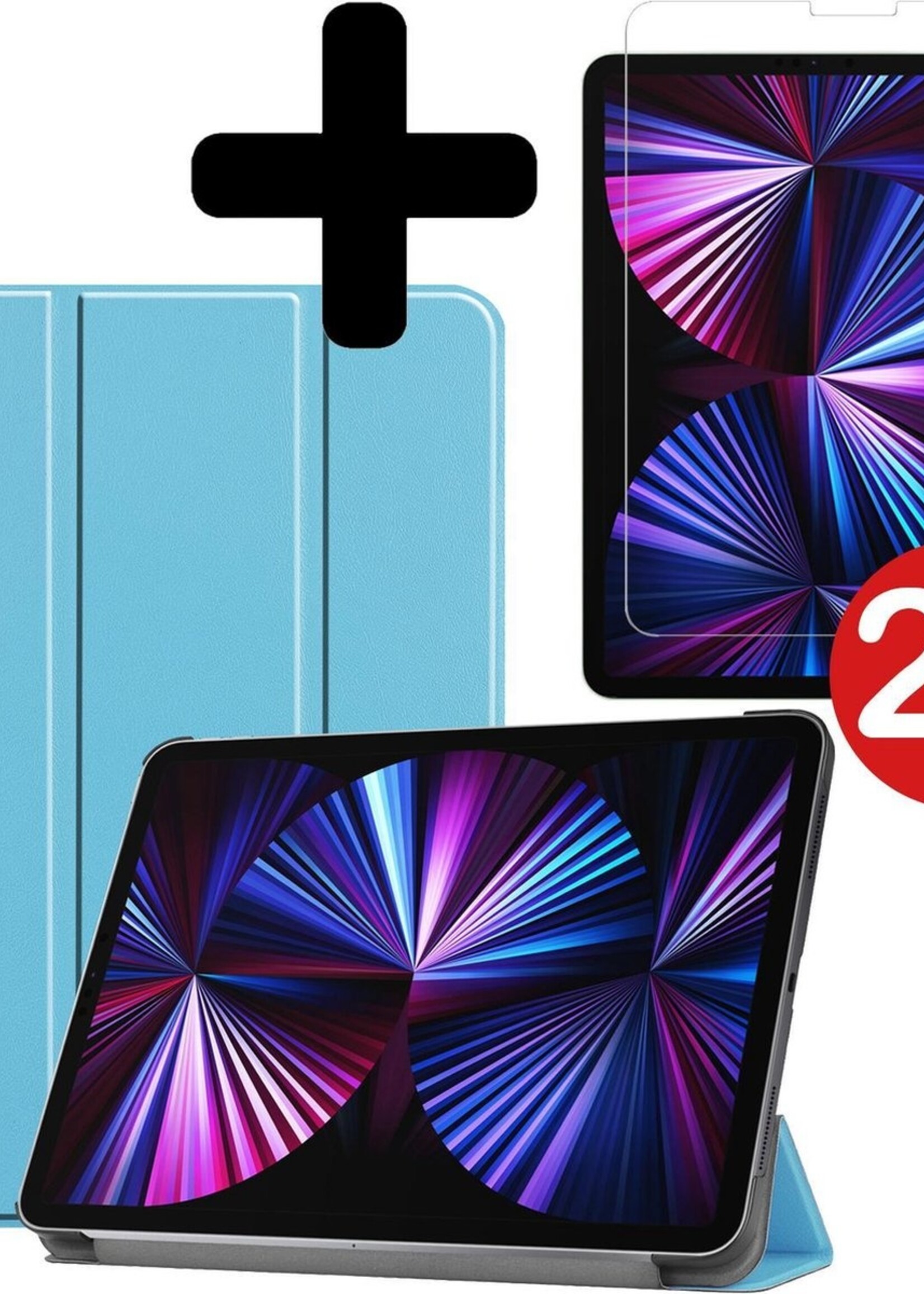 BTH Hoes Geschikt voor iPad Pro 2021 (11 inch) Hoes Book Case Hoesje Trifold Cover Met Screenprotector - Hoesje Geschikt voor iPad Pro 11 inch (2021) Hoesje Bookcase - Lichtblauw