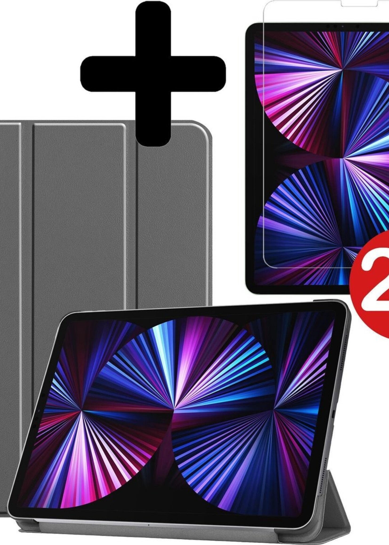 BTH Hoes Geschikt voor iPad Pro 2021 (11 inch) Hoes Book Case Hoesje Trifold Cover Met Screenprotector - Hoesje Geschikt voor iPad Pro 11 inch (2021) Hoesje Bookcase - Grijs