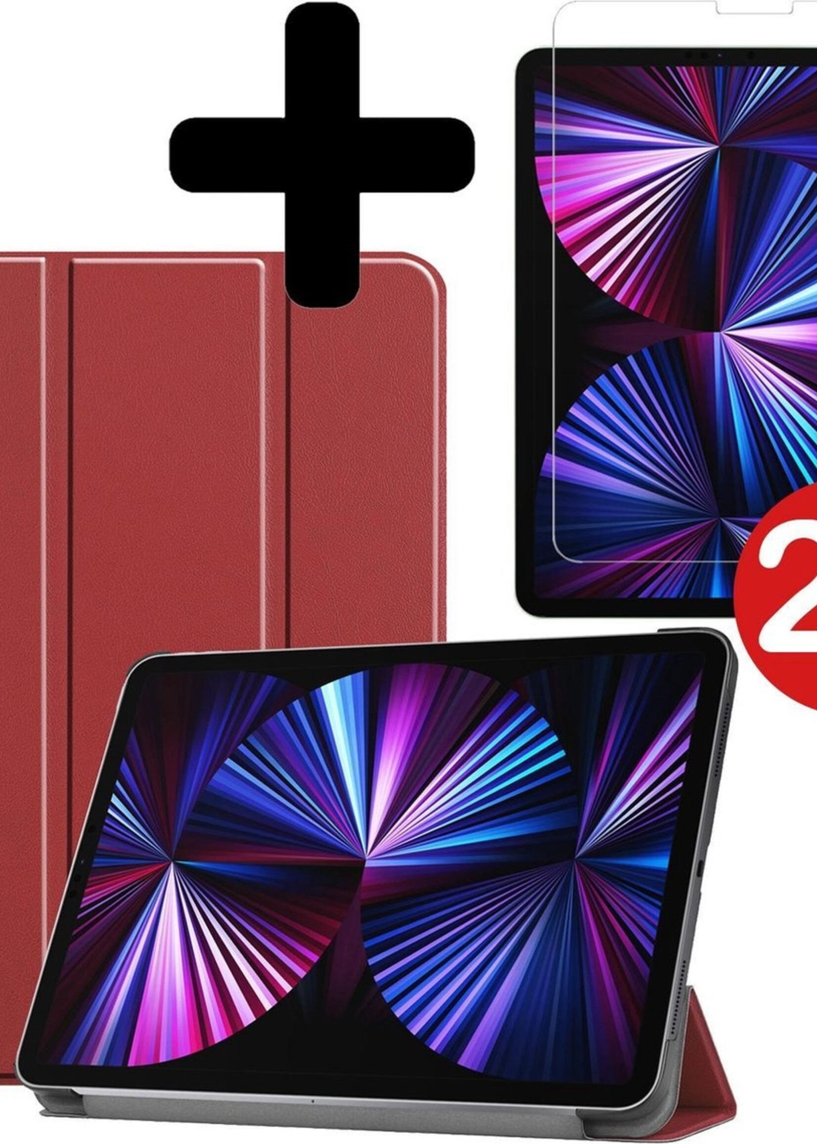 BTH Hoes Geschikt voor iPad Pro 2021 (11 inch) Hoes Book Case Hoesje Trifold Cover Met Screenprotector - Hoesje Geschikt voor iPad Pro 11 inch (2021) Hoesje Bookcase - Donkerrood