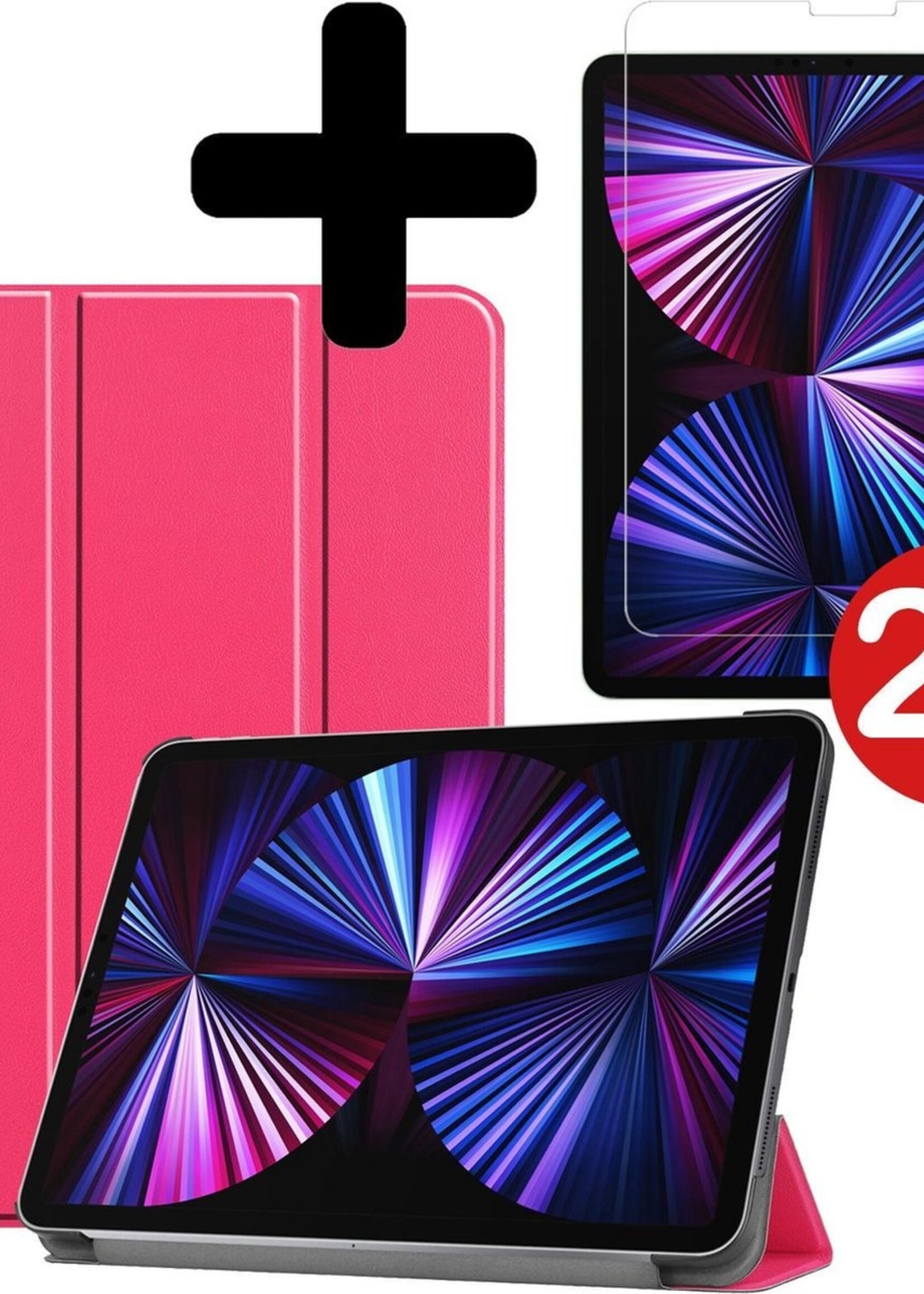 BTH Hoes Geschikt voor iPad Pro 2021 (11 inch) Hoes Book Case Hoesje Trifold Cover Met Screenprotector - Hoesje Geschikt voor iPad Pro 11 inch (2021) Hoesje Bookcase - Donkerroze