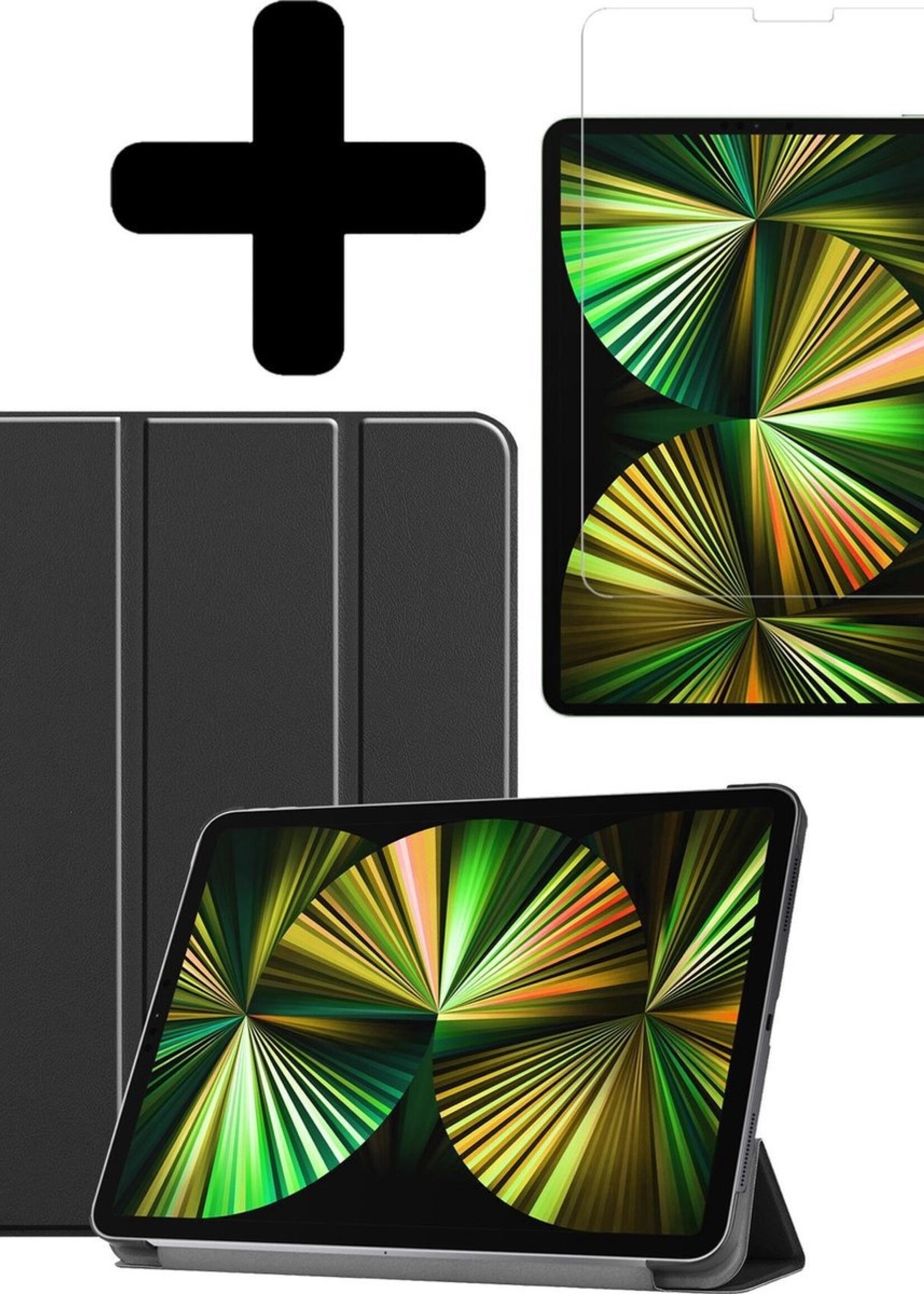 BTH Hoes Geschikt voor iPad Pro 2021 (12,9 inch) Hoes Book Case Hoesje Trifold Cover Met Screenprotector - Hoesje Geschikt voor iPad Pro 12,9 inch (2021) Hoesje Bookcase - Zwart