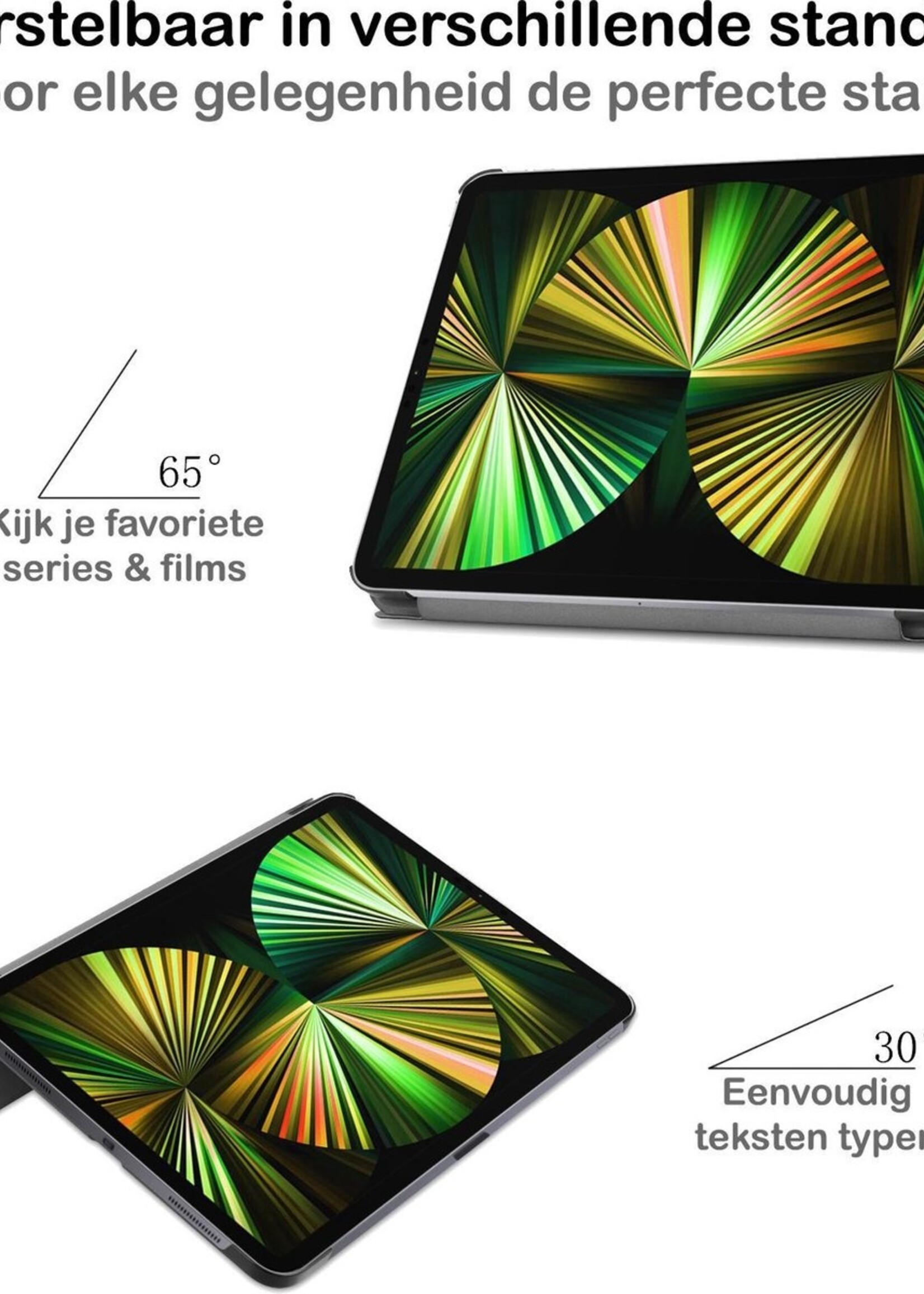 BTH Hoes Geschikt voor iPad Pro 2021 (12,9 inch) Hoes Book Case Hoesje Trifold Cover Met Screenprotector - Hoesje Geschikt voor iPad Pro 12,9 inch (2021) Hoesje Bookcase - Zwart