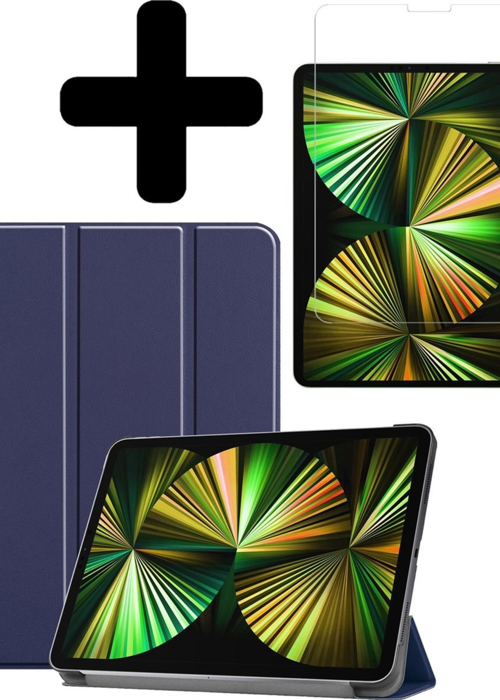 BTH Hoes Geschikt voor iPad Pro 2021 (12,9 inch) Hoes Book Case Hoesje Trifold Cover Met Screenprotector - Hoesje Geschikt voor iPad Pro 12,9 inch (2021) Hoesje Bookcase - Donkerblauw