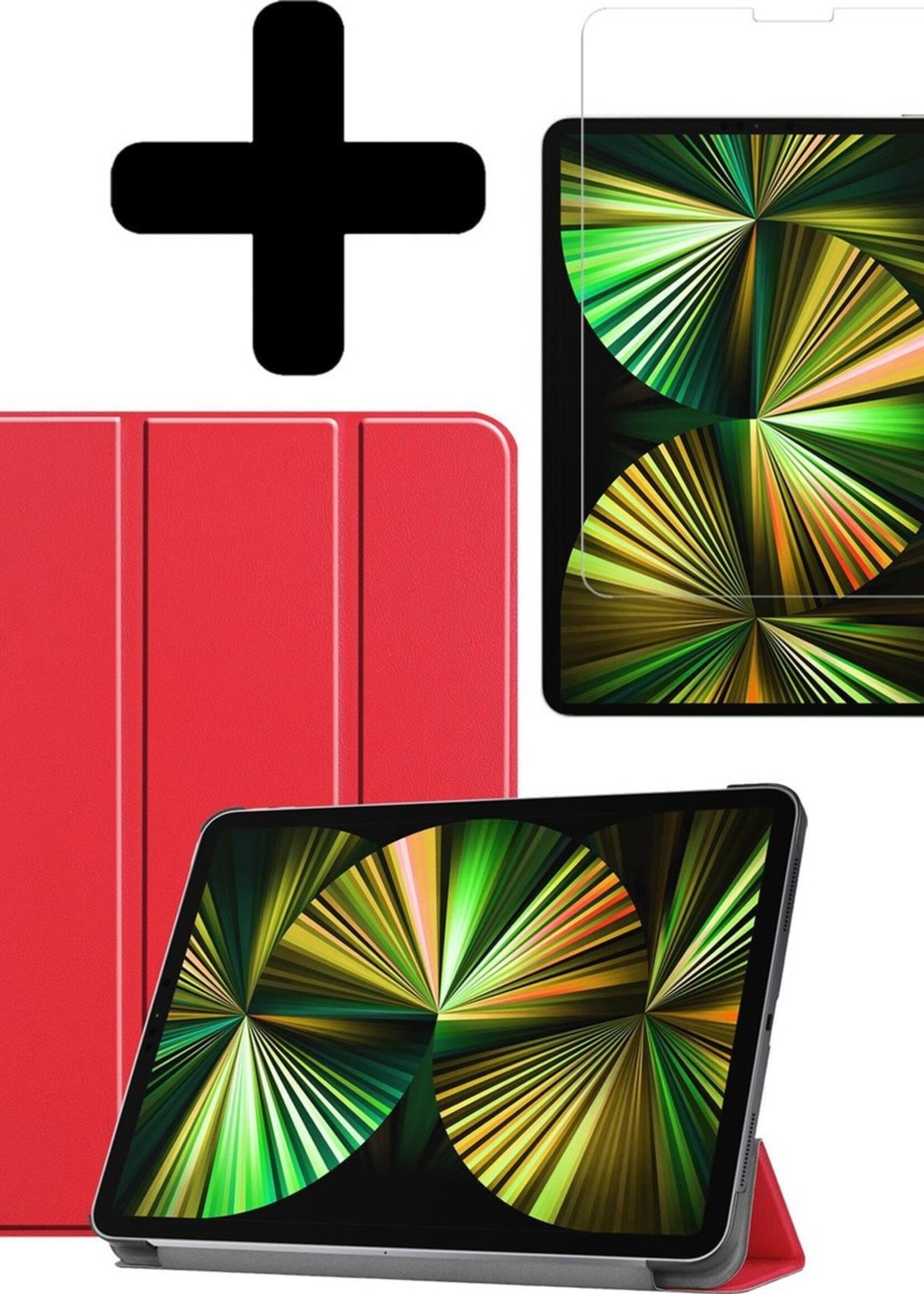 BTH Hoes Geschikt voor iPad Pro 2021 (12,9 inch) Hoes Book Case Hoesje Trifold Cover Met Screenprotector - Hoesje Geschikt voor iPad Pro 12,9 inch (2021) Hoesje Bookcase - Rood