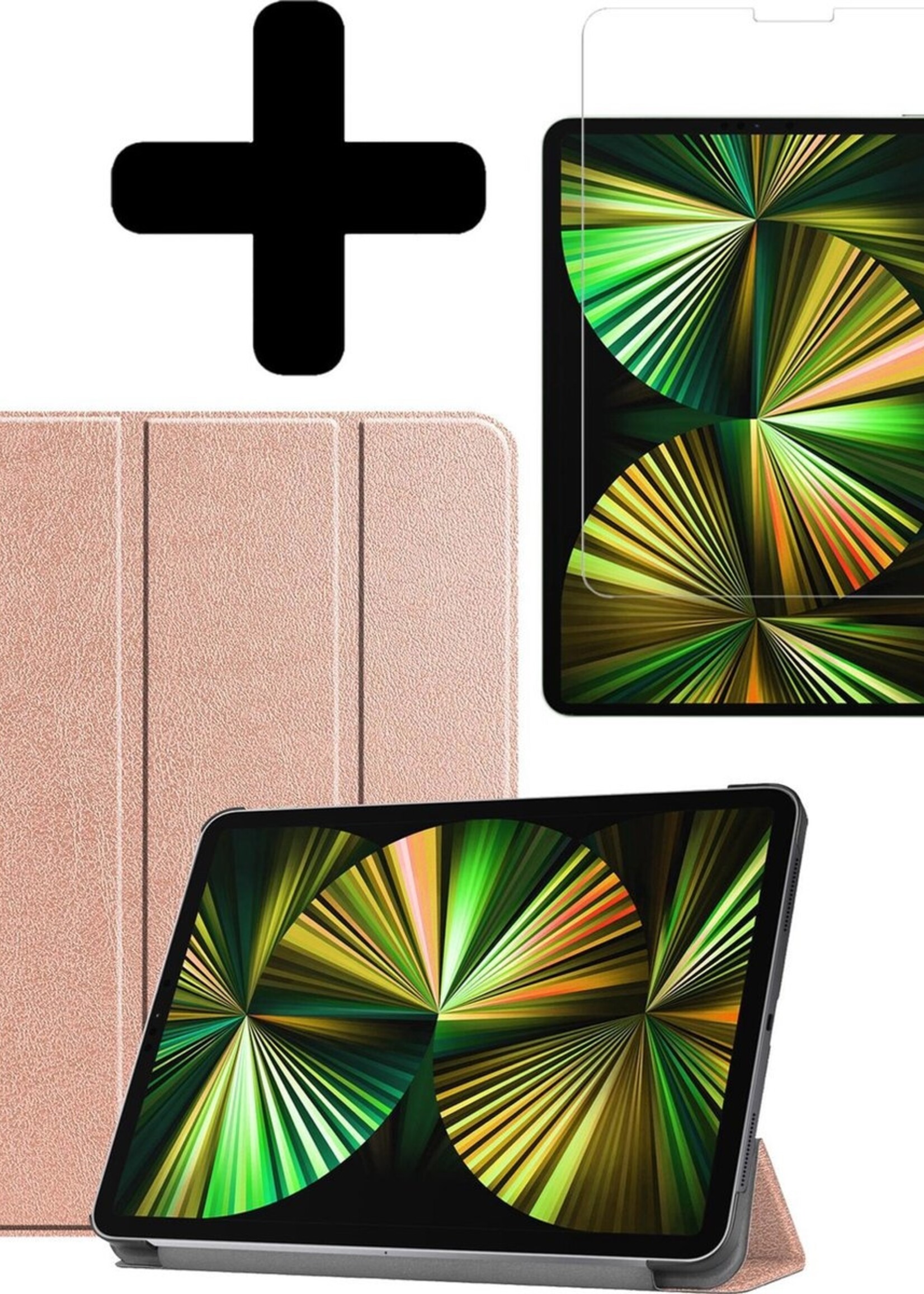BTH Hoes Geschikt voor iPad Pro 2021 (12,9 inch) Hoes Book Case Hoesje Trifold Cover Met Screenprotector - Hoesje Geschikt voor iPad Pro 12,9 inch (2021) Hoesje Bookcase - Rosé goud