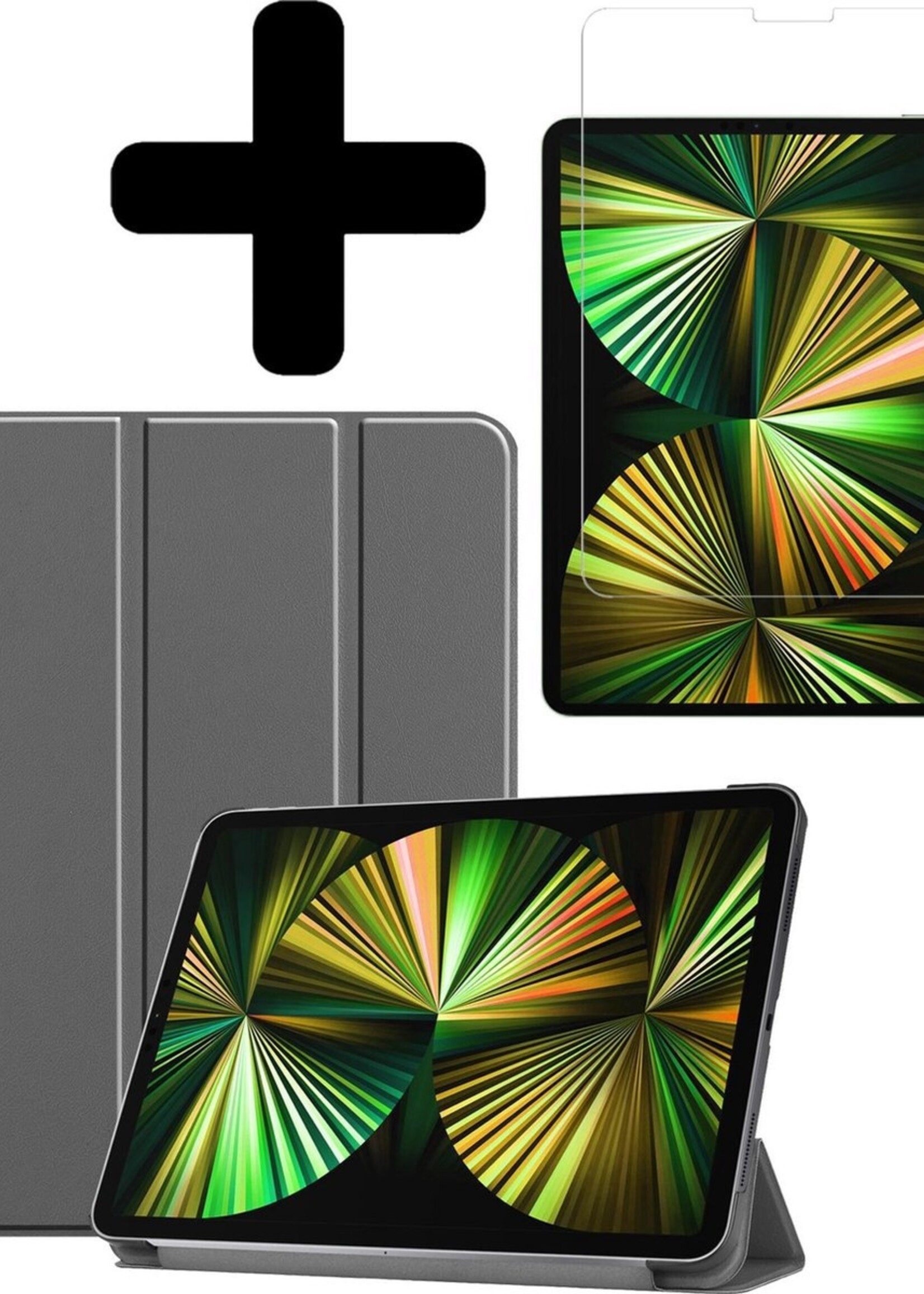 BTH Hoes Geschikt voor iPad Pro 2021 (12,9 inch) Hoes Book Case Hoesje Trifold Cover Met Screenprotector - Hoesje Geschikt voor iPad Pro 12,9 inch (2021) Hoesje Bookcase - Grijs