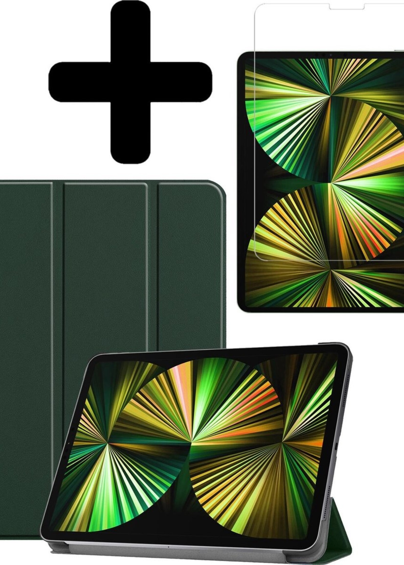 BTH Hoes Geschikt voor iPad Pro 2021 (12,9 inch) Hoes Book Case Hoesje Trifold Cover Met Screenprotector - Hoesje Geschikt voor iPad Pro 12,9 inch (2021) Hoesje Bookcase - Donkergroen