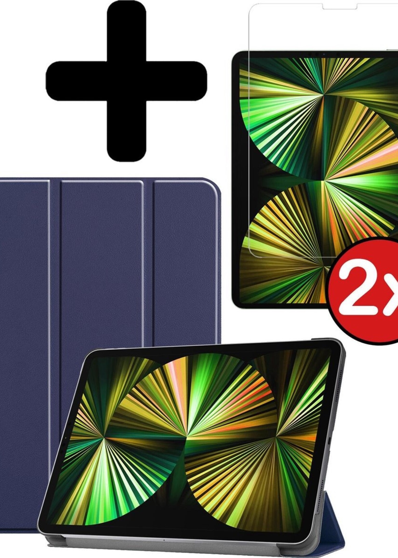 BTH Hoes Geschikt voor iPad Pro 2021 (12,9 inch) Hoes Book Case Hoesje Trifold Cover Met Screenprotector - Hoesje Geschikt voor iPad Pro 12,9 inch (2021) Hoesje Bookcase - Donkerblauw
