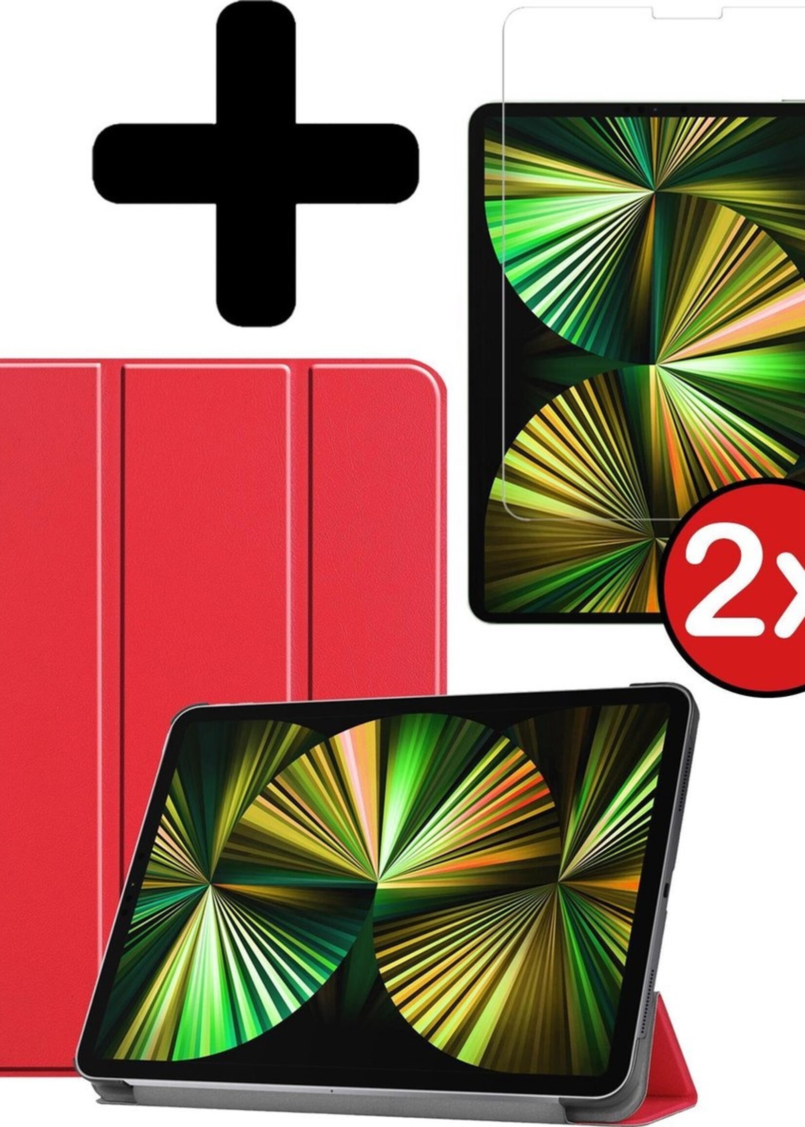 BTH Hoes Geschikt voor iPad Pro 2021 (12,9 inch) Hoes Book Case Hoesje Trifold Cover Met Screenprotector - Hoesje Geschikt voor iPad Pro 12,9 inch (2021) Hoesje Bookcase - Rood