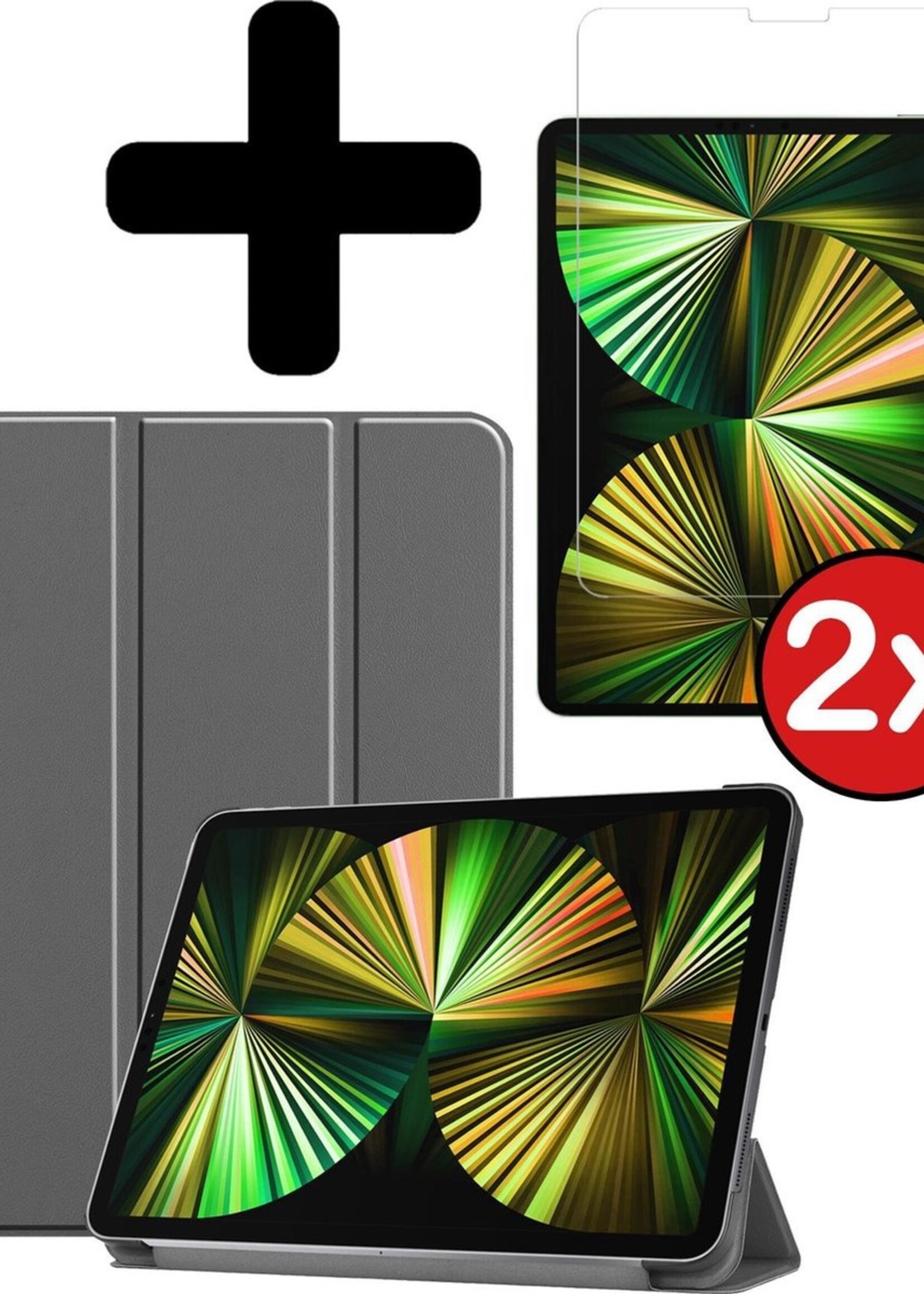 BTH Hoes Geschikt voor iPad Pro 2021 (12,9 inch) Hoes Book Case Hoesje Trifold Cover Met Screenprotector - Hoesje Geschikt voor iPad Pro 12,9 inch (2021) Hoesje Bookcase - Grijs