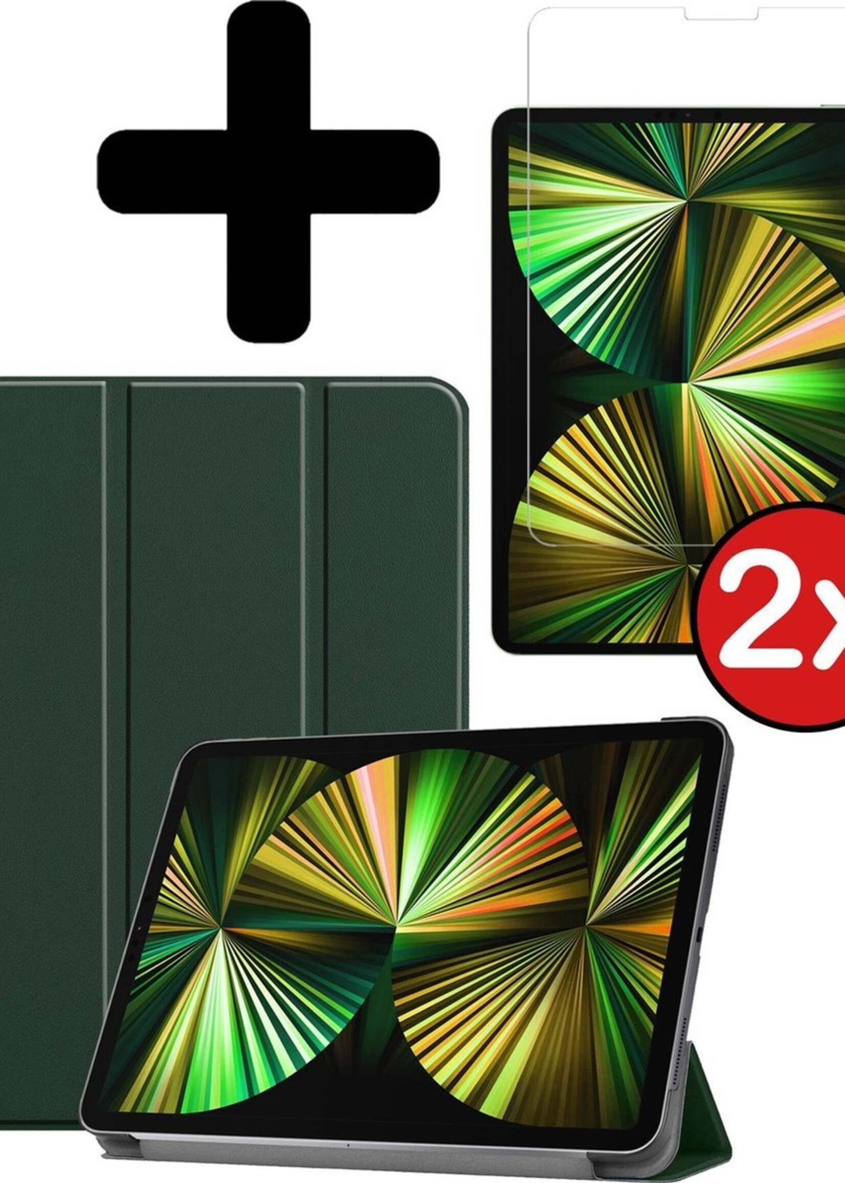 BTH Hoes Geschikt voor iPad Pro 2021 (12,9 inch) Hoes Book Case Hoesje Trifold Cover Met Screenprotector - Hoesje Geschikt voor iPad Pro 12,9 inch (2021) Hoesje Bookcase - Donkergroen