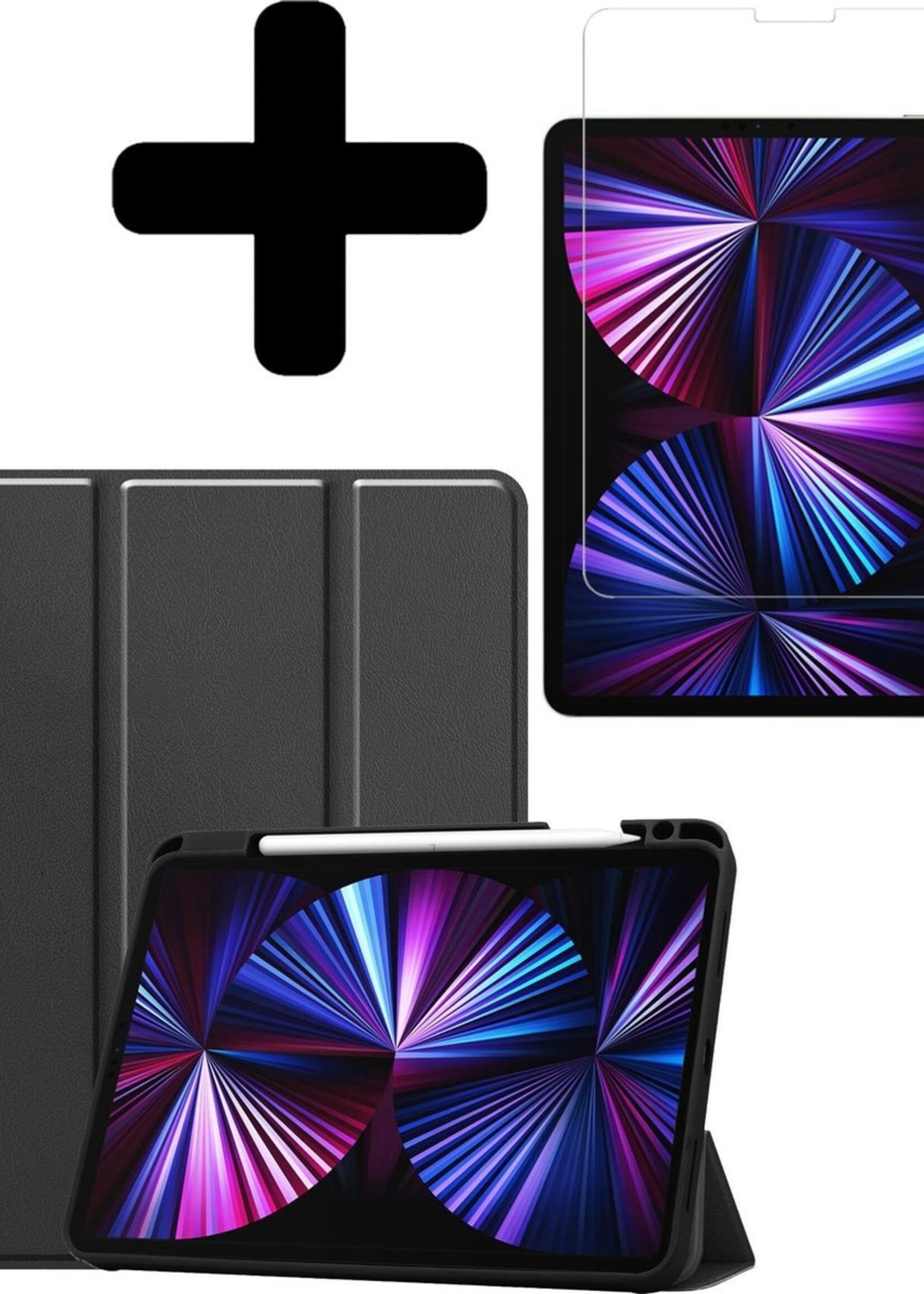 BTH Hoes Geschikt voor iPad Pro 2021 (11 inch) Hoes Book Case Hoesje Trifold Cover Met Uitsparing Geschikt voor Apple Pencil Met Screenprotector - Hoesje Geschikt voor iPad Pro 11 inch (2021) Hoesje Bookcase - Zwart