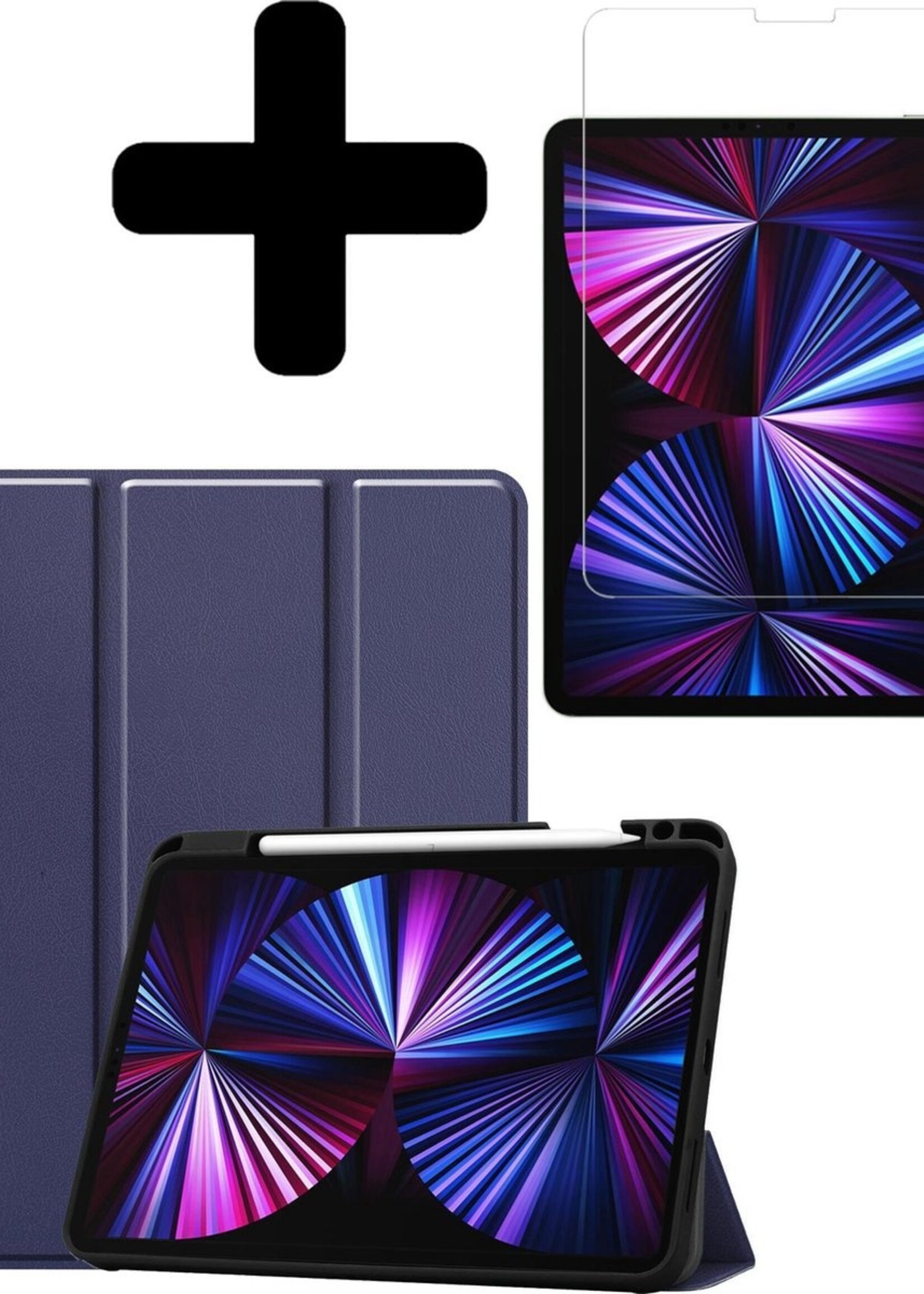 BTH Hoes Geschikt voor iPad Pro 2021 (11 inch) Hoes Book Case Hoesje Trifold Cover Met Uitsparing Geschikt voor Apple Pencil Met Screenprotector - Hoesje Geschikt voor iPad Pro 11 inch (2021) Hoesje Bookcase - Donkerblauw