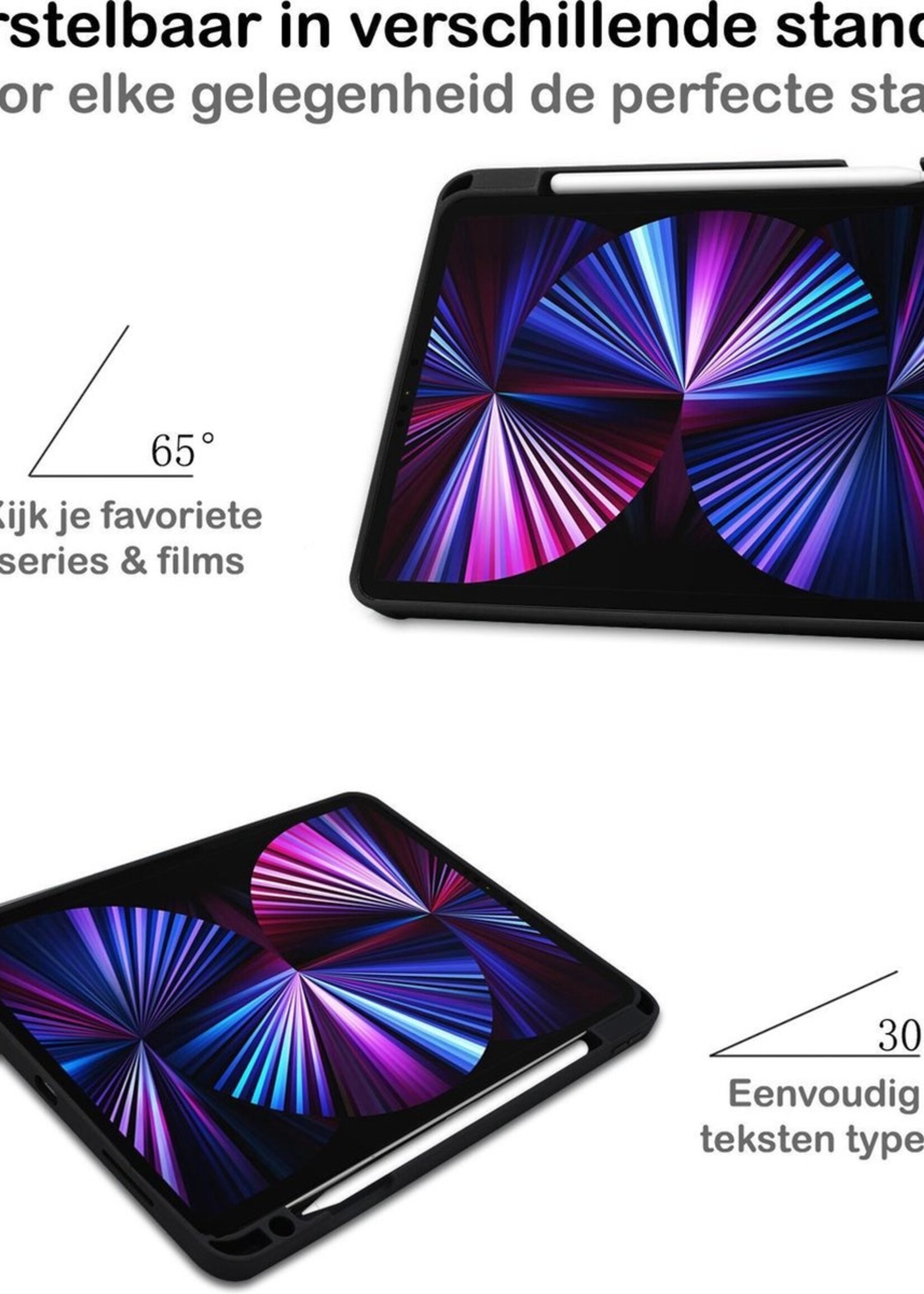 BTH Hoes Geschikt voor iPad Pro 2021 (11 inch) Hoes Book Case Hoesje Trifold Cover Met Uitsparing Geschikt voor Apple Pencil Met Screenprotector - Hoesje Geschikt voor iPad Pro 11 inch (2021) Hoesje Bookcase - Donkerblauw