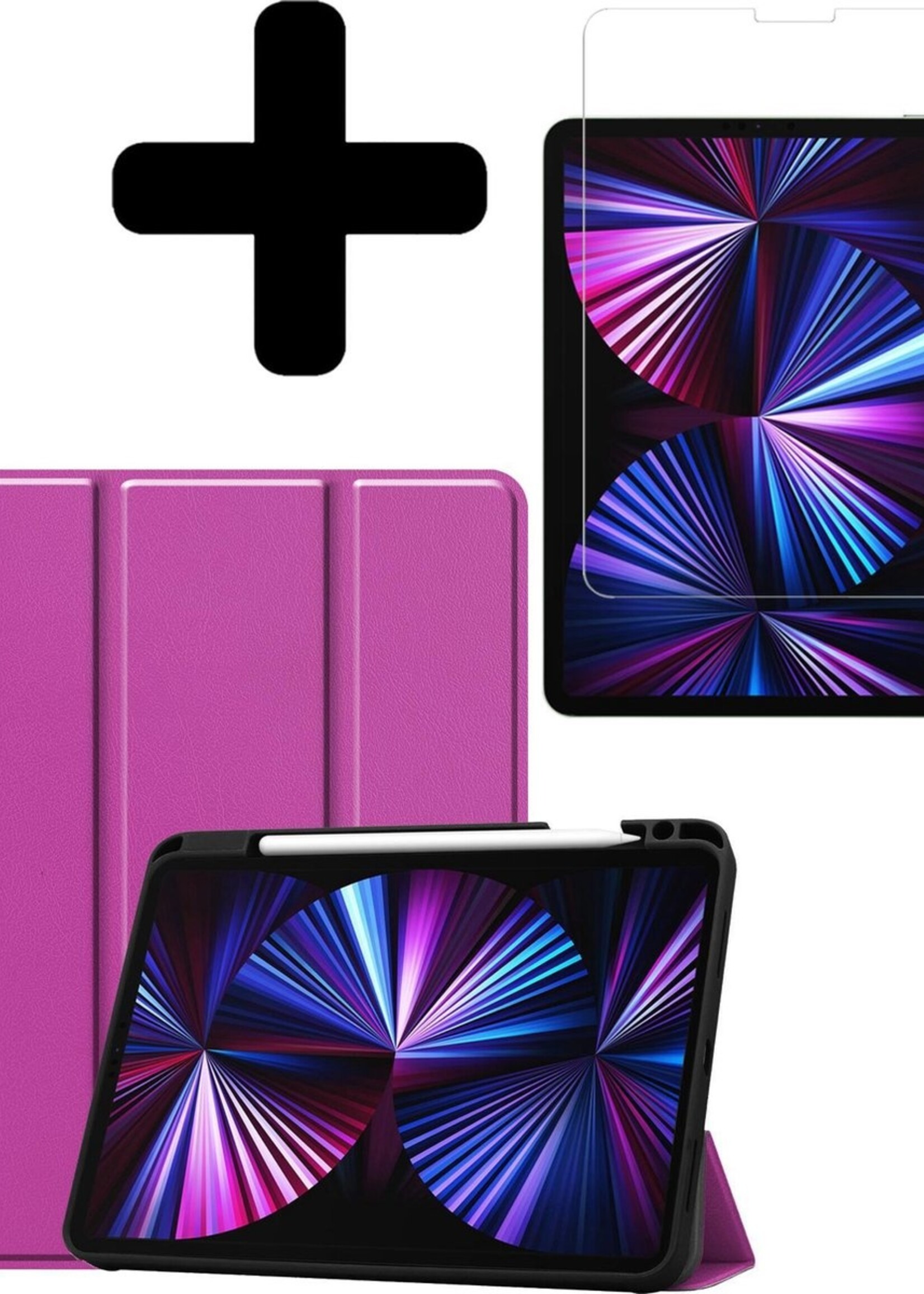 BTH Hoes Geschikt voor iPad Pro 2021 (11 inch) Hoes Book Case Hoesje Trifold Cover Met Uitsparing Geschikt voor Apple Pencil Met Screenprotector - Hoesje Geschikt voor iPad Pro 11 inch (2021) Hoesje Bookcase - Paars