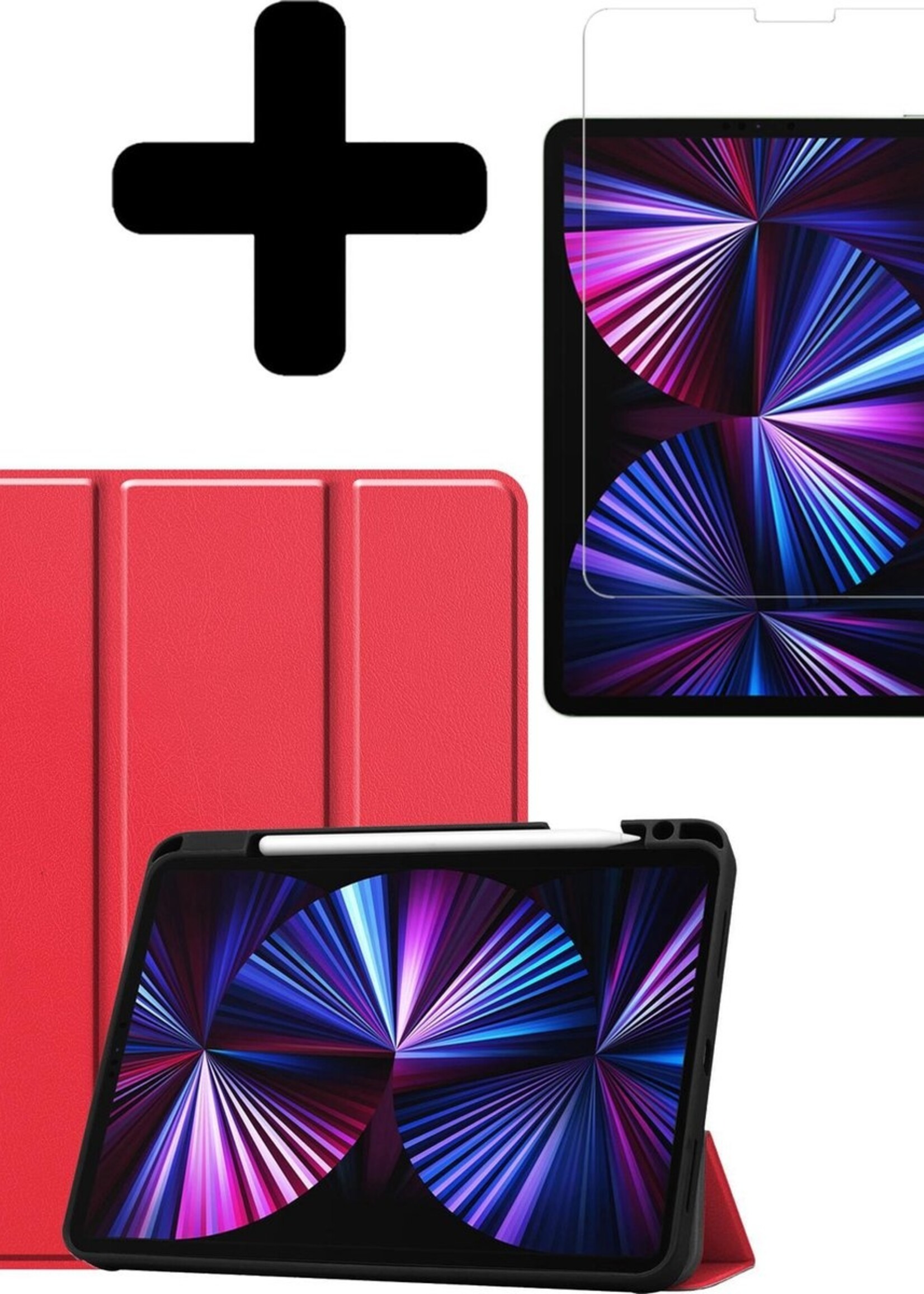 BTH Hoes Geschikt voor iPad Pro 2021 (11 inch) Hoes Book Case Hoesje Trifold Cover Met Uitsparing Geschikt voor Apple Pencil Met Screenprotector - Hoesje Geschikt voor iPad Pro 11 inch (2021) Hoesje Bookcase - Rood